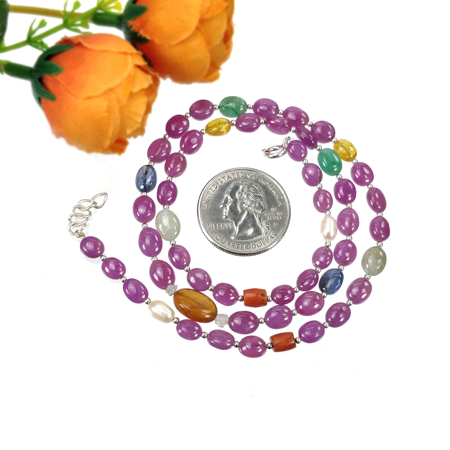 Multi Sapphire Hessonite Garnet Coral Diamond Emerald Cat's Eye Pearl Nav Ratan Necklace: 17.63gms Natural 6*5mm - 10*8.5mm 17"