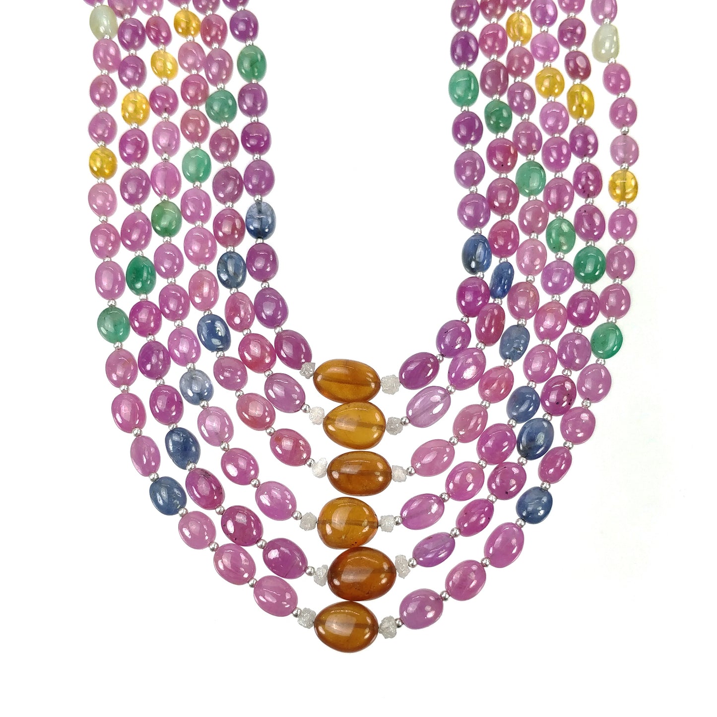 Multi Sapphire Hessonite Garnet Coral Diamond Emerald Cat's Eye Pearl Nav Ratan Necklace: 17.63gms Natural 6*5mm - 10*8.5mm 17"