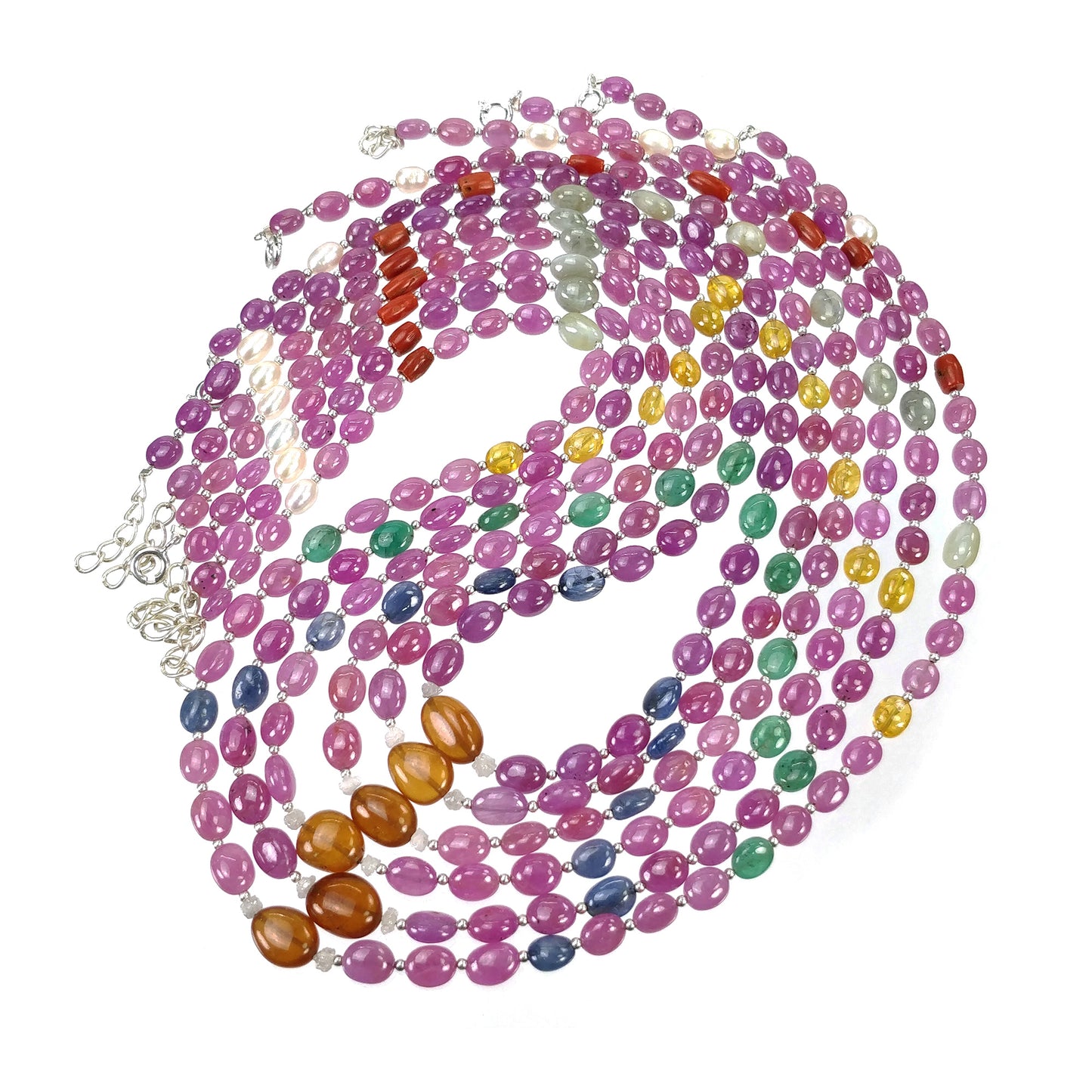 Multi Sapphire Hessonite Garnet Coral Diamond Emerald Cat's Eye Pearl Nav Ratan Necklace: 17.63gms Natural 6*5mm - 10*8.5mm 17"
