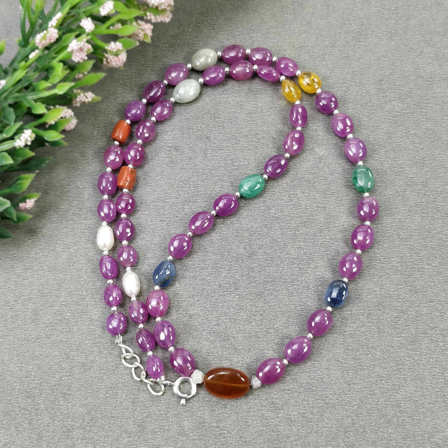 Multi Sapphire Hessonite Garnet Coral Diamond Emerald Cat's Eye Pearl Nav Ratan Necklace: 17.63gms Natural 6*5mm - 10*8.5mm 17"