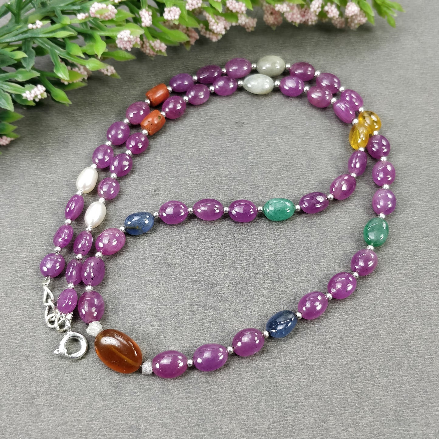 Multi Sapphire Hessonite Garnet Coral Diamond Emerald Cat's Eye Pearl Nav Ratan Necklace: 17.63gms Natural 6*5mm - 10*8.5mm 17"