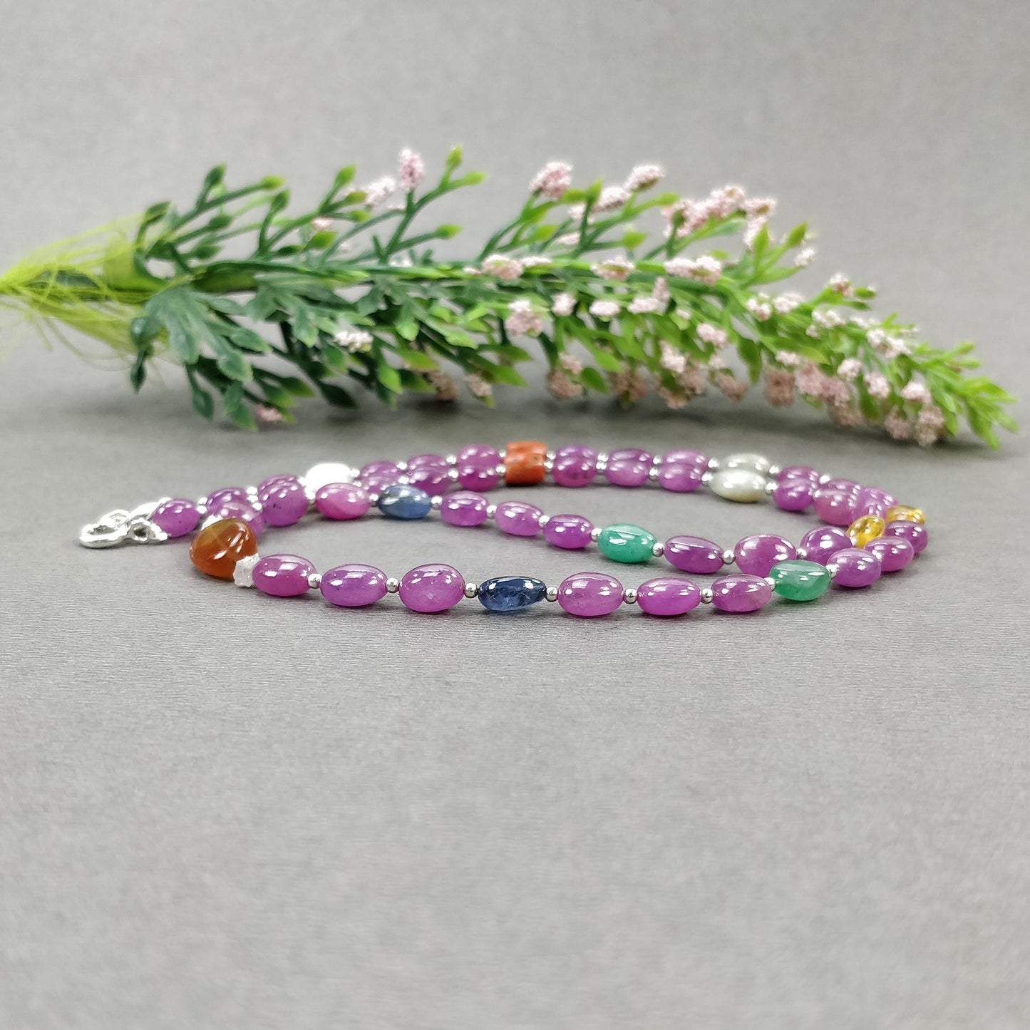 Multi Sapphire Hessonite Garnet Coral Diamond Emerald Cat's Eye Pearl Nav Ratan Necklace: 17.63gms Natural 6*5mm - 10*8.5mm 17"