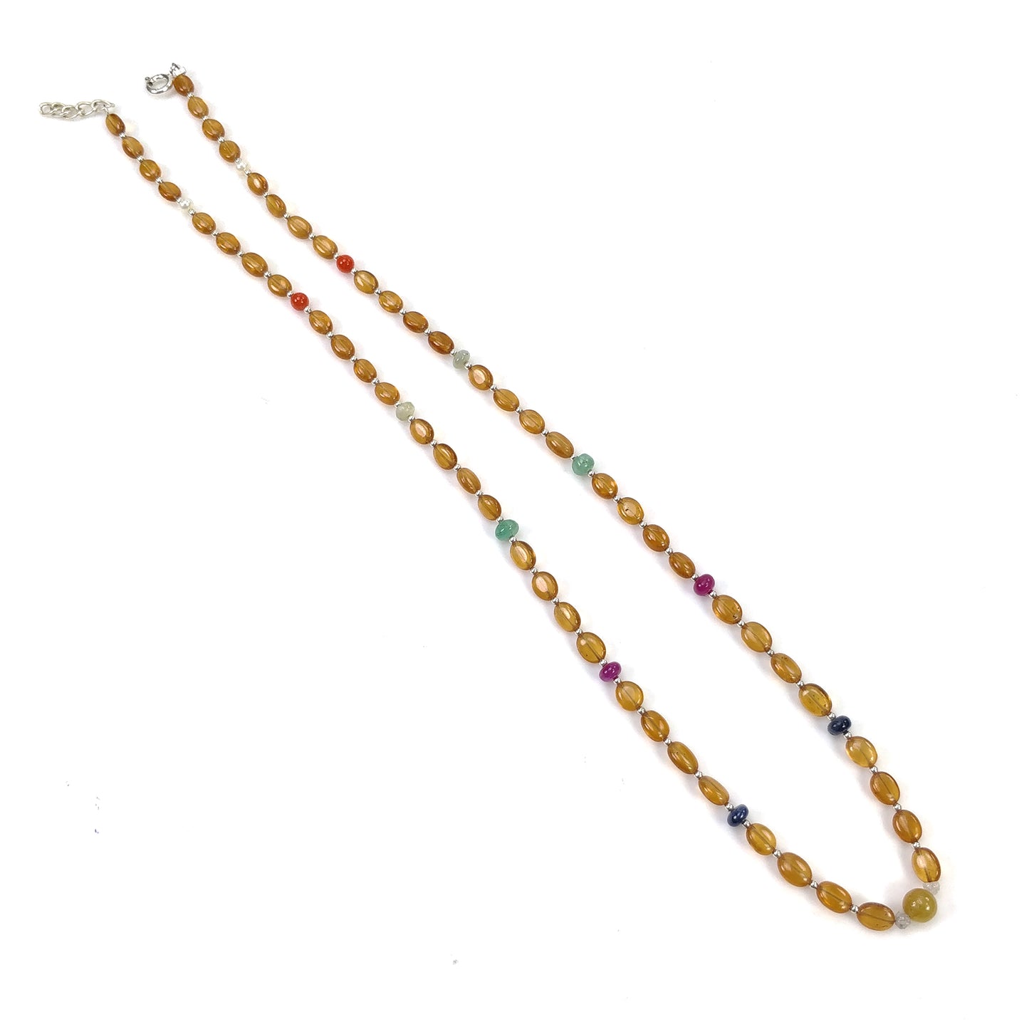 Hessonite Garnet Blue Sapphire Coral Diamond Emerald Cat's Eye Ruby Pearl Nav Ratan Necklace: 13.22gms Natural 5mm- 6.5*5mm 18"