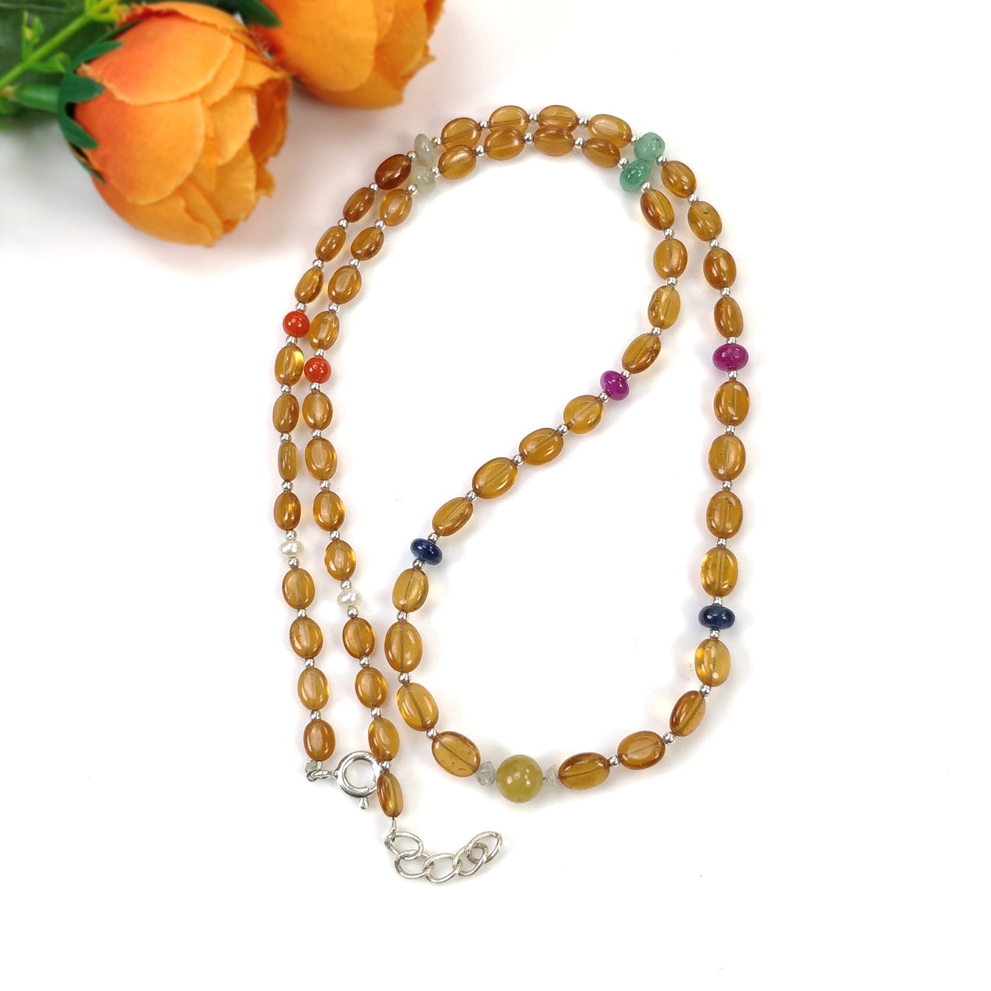 Hessonite Garnet Blue Sapphire Coral Diamond Emerald Cat's Eye Ruby Pearl Nav Ratan Necklace: 13.22gms Natural 5mm- 6.5*5mm 18"