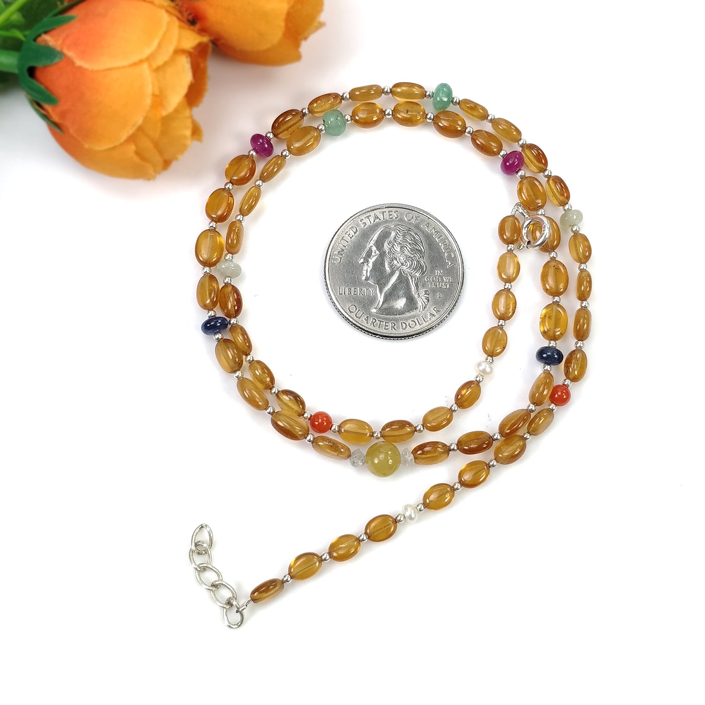 Hessonite Garnet Blue Sapphire Coral Diamond Emerald Cat's Eye Ruby Pearl Nav Ratan Necklace: 13.22gms Natural 5mm- 6.5*5mm 18"