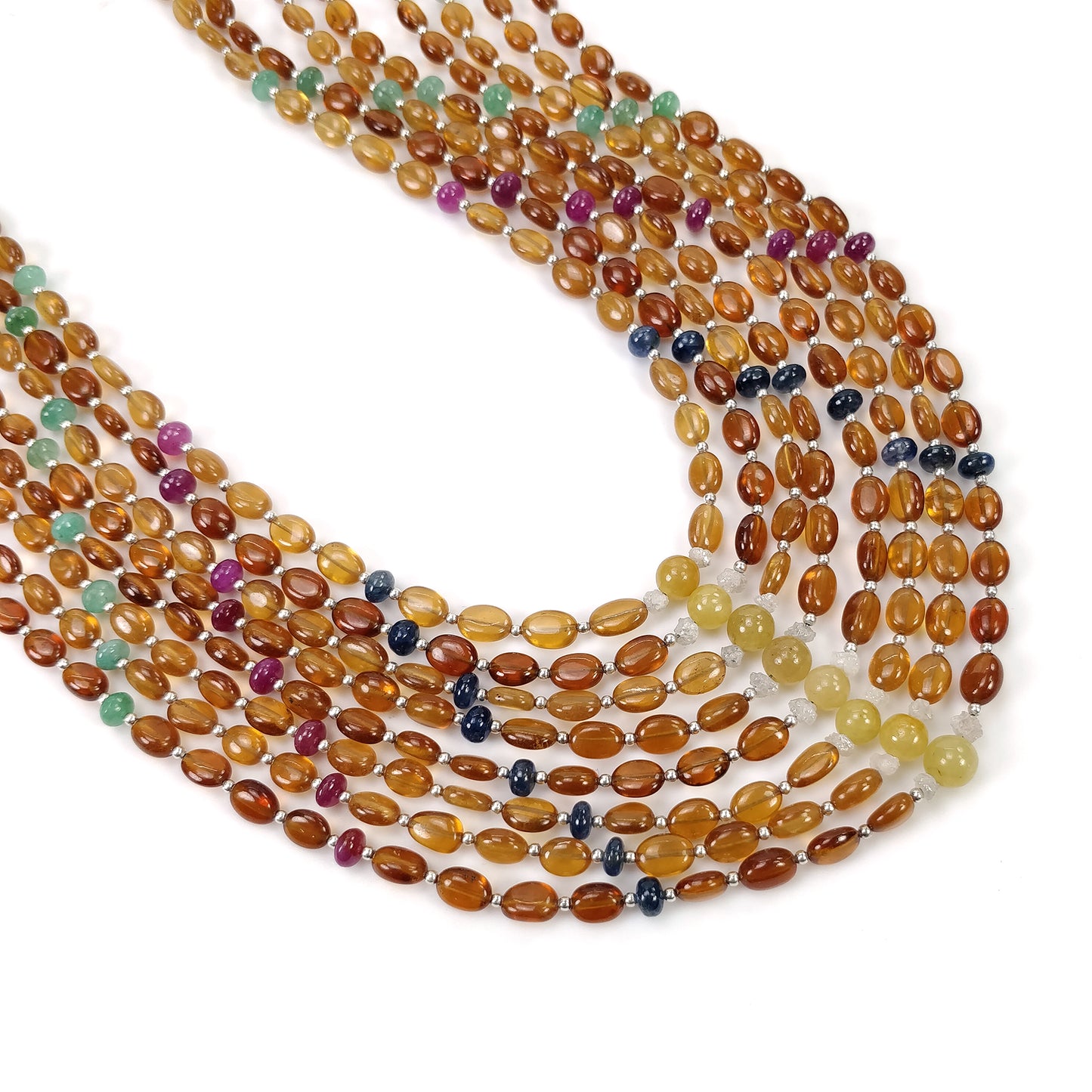 Hessonite Garnet Blue Sapphire Coral Diamond Emerald Cat's Eye Ruby Pearl Nav Ratan Necklace: 13.22gms Natural 5mm- 6.5*5mm 18"