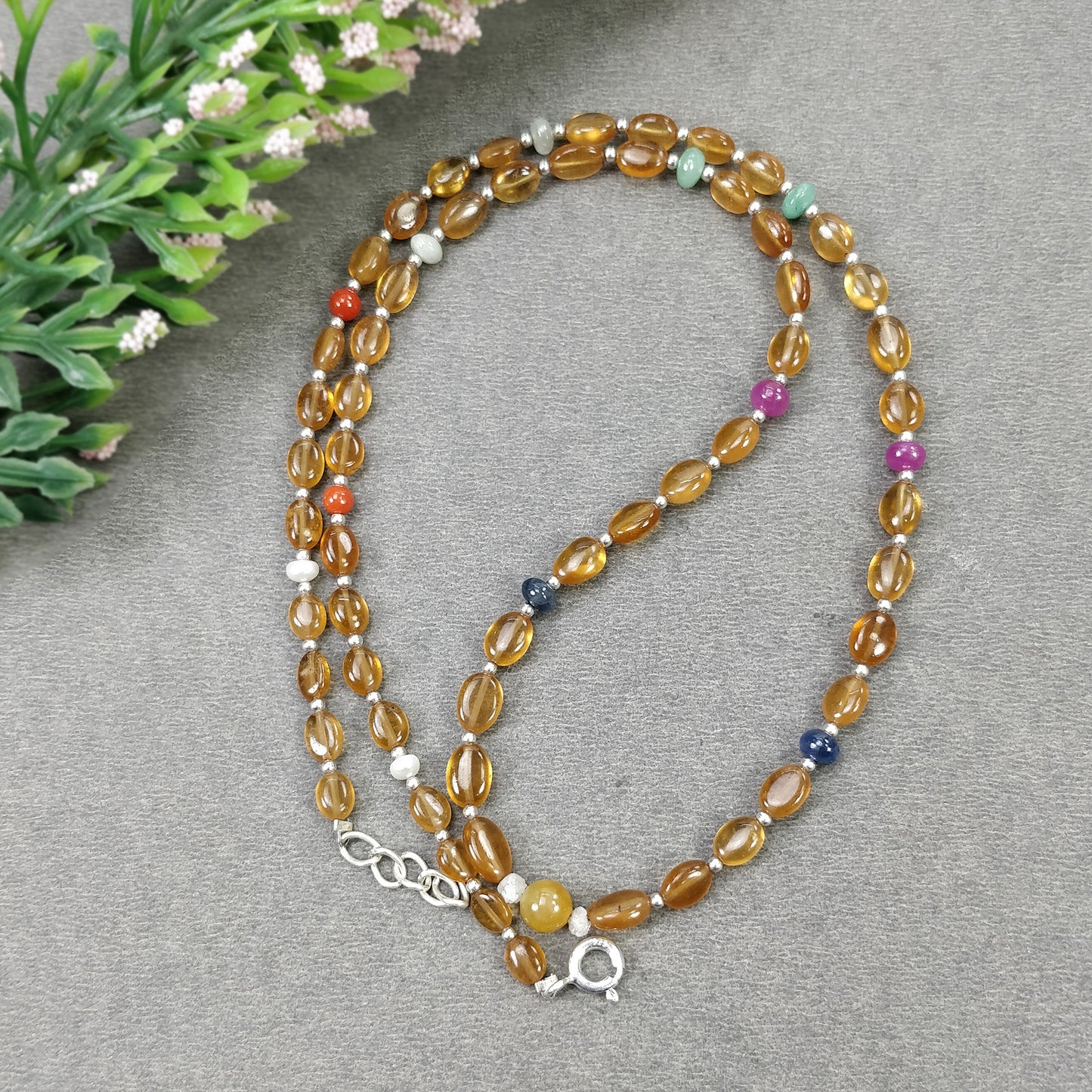 Hessonite Garnet Blue Sapphire Coral Diamond Emerald Cat's Eye Ruby Pearl Nav Ratan Necklace: 13.22gms Natural 5mm- 6.5*5mm 18"