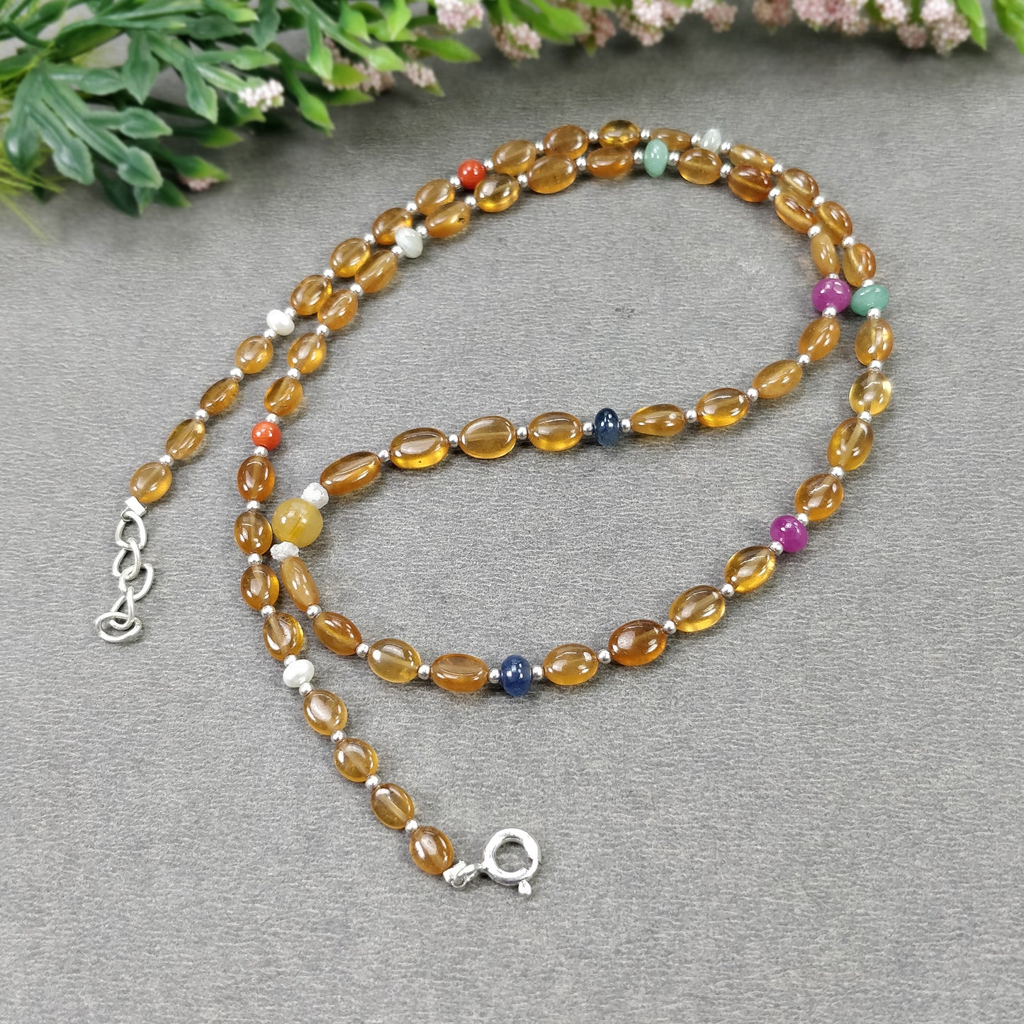 Hessonite Garnet Blue Sapphire Coral Diamond Emerald Cat's Eye Ruby Pearl Nav Ratan Necklace: 13.22gms Natural 5mm- 6.5*5mm 18"