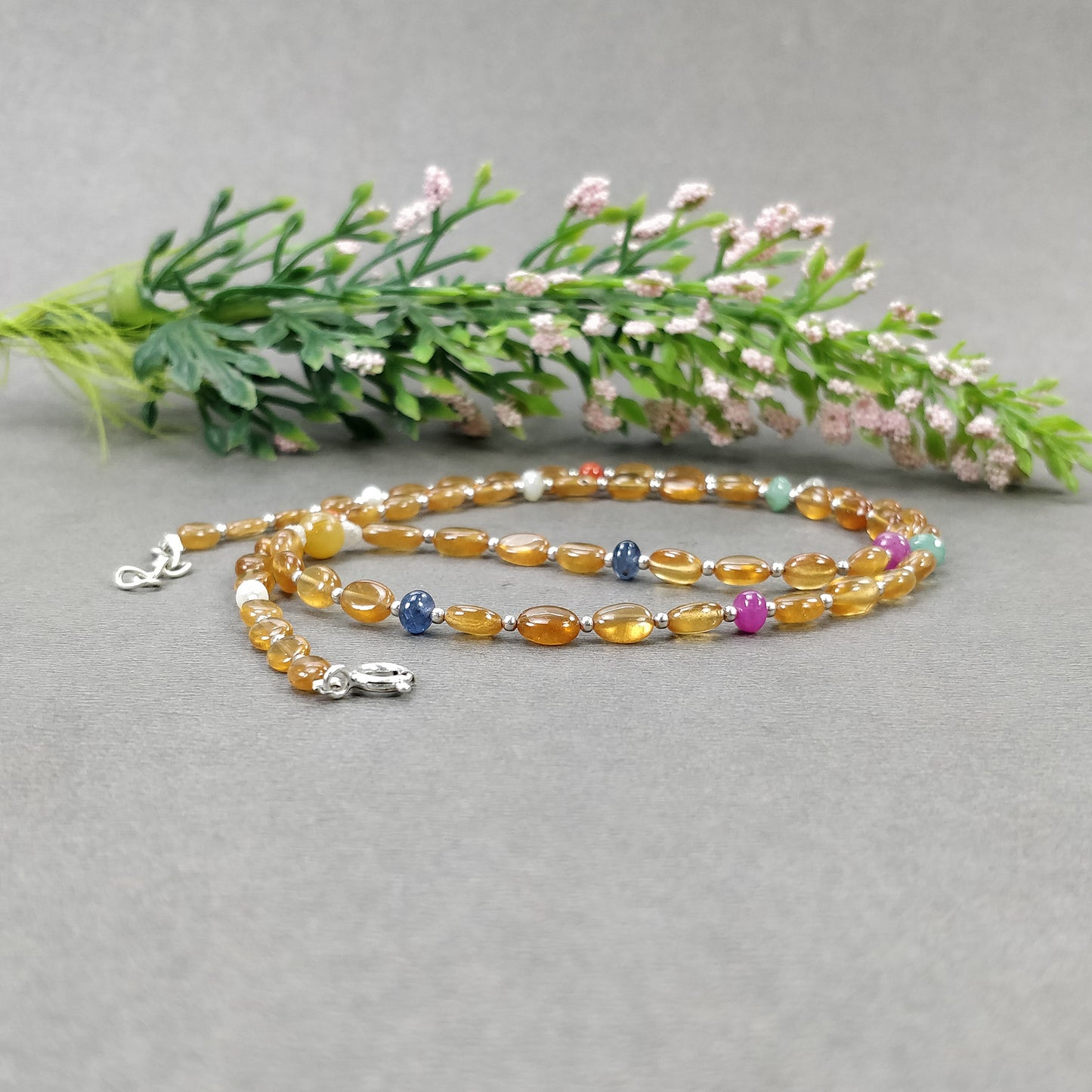 Hessonite Garnet Blue Sapphire Coral Diamond Emerald Cat's Eye Ruby Pearl Nav Ratan Necklace: 13.22gms Natural 5mm- 6.5*5mm 18"