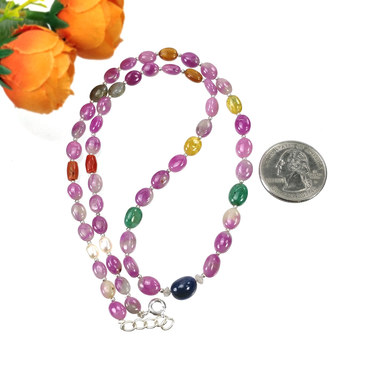 Multi Sapphire Hessonite Garnet Coral Diamond Emerald Cat's Eye Pearl Nav Ratan Necklace: 19.09gms Natural 9*7mm 18"
