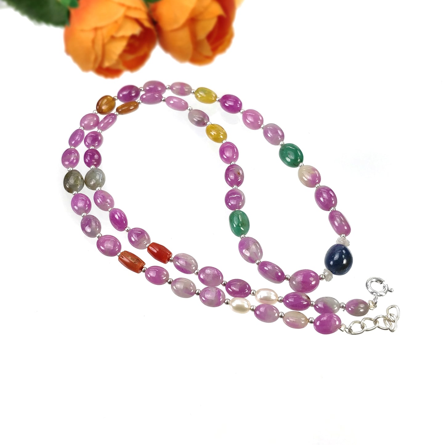 Multi Sapphire Hessonite Garnet Coral Diamond Emerald Cat's Eye Pearl Nav Ratan Necklace: 19.09gms Natural 9*7mm 18"