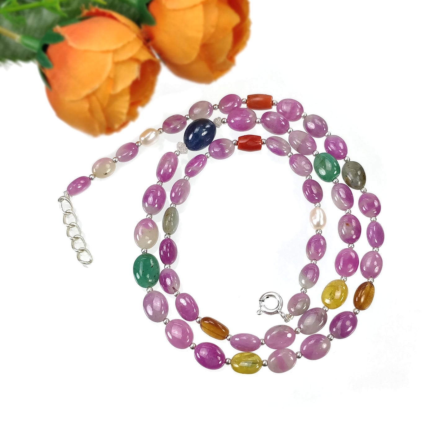 Multi Sapphire Hessonite Garnet Coral Diamond Emerald Cat's Eye Pearl Nav Ratan Necklace: 19.09gms Natural 9*7mm 18"