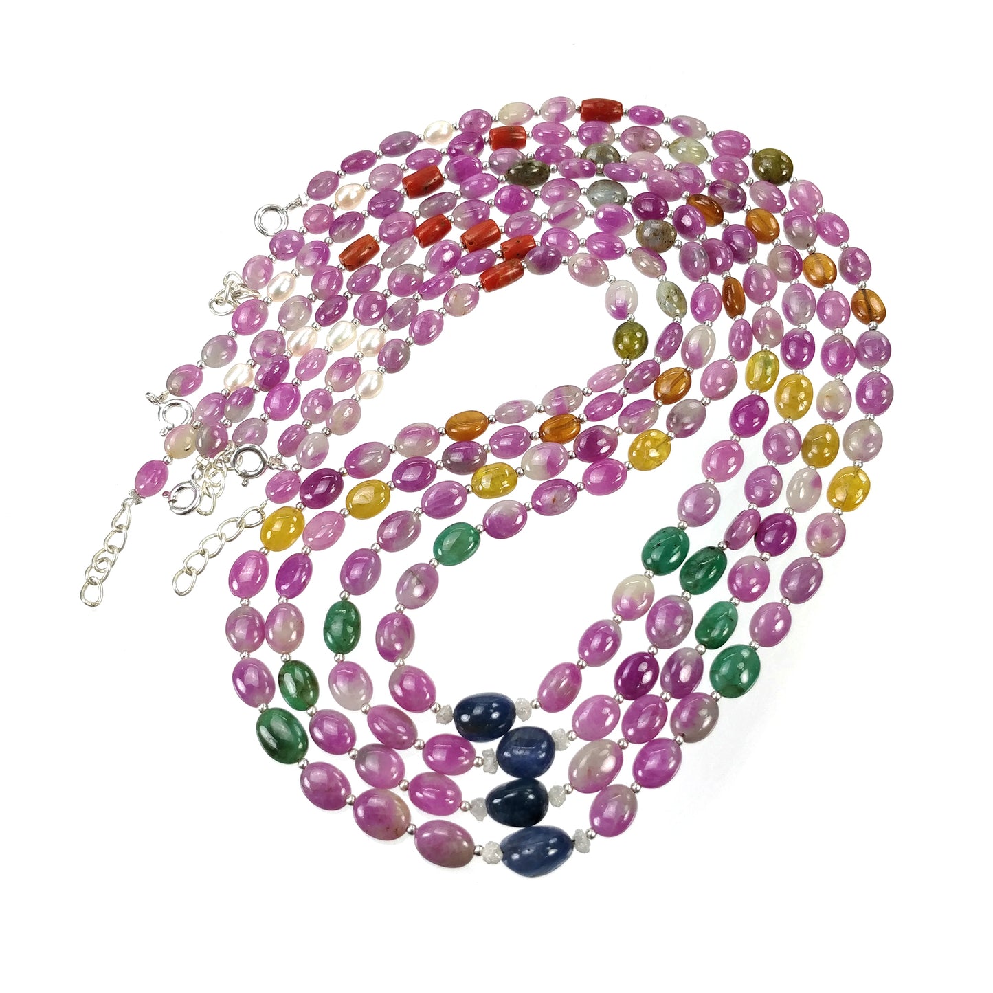 Multi Sapphire Hessonite Garnet Coral Diamond Emerald Cat's Eye Pearl Nav Ratan Necklace: 19.09gms Natural 9*7mm 18"