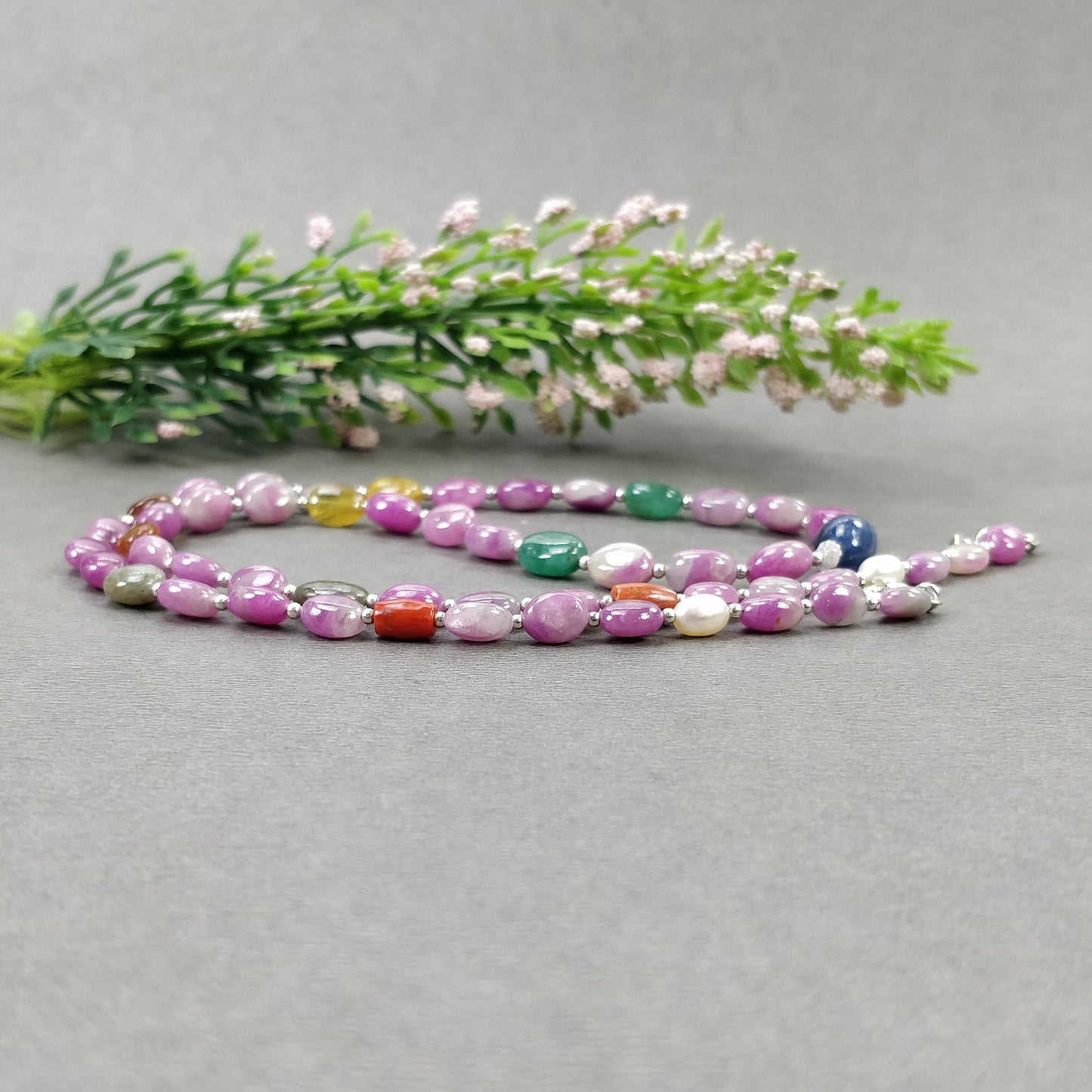 Multi Sapphire Hessonite Garnet Coral Diamond Emerald Cat's Eye Pearl Nav Ratan Necklace: 19.09gms Natural 9*7mm 18"