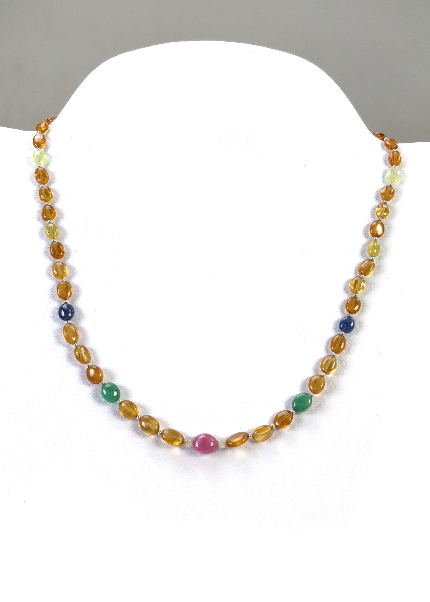 Hessonite Garnet Blue Yellow Sapphire Coral Diamond Emerald Cat's Eye Ruby Pearl Nav Ratan Necklace: 16.53gms Natural 9*7mm 18"