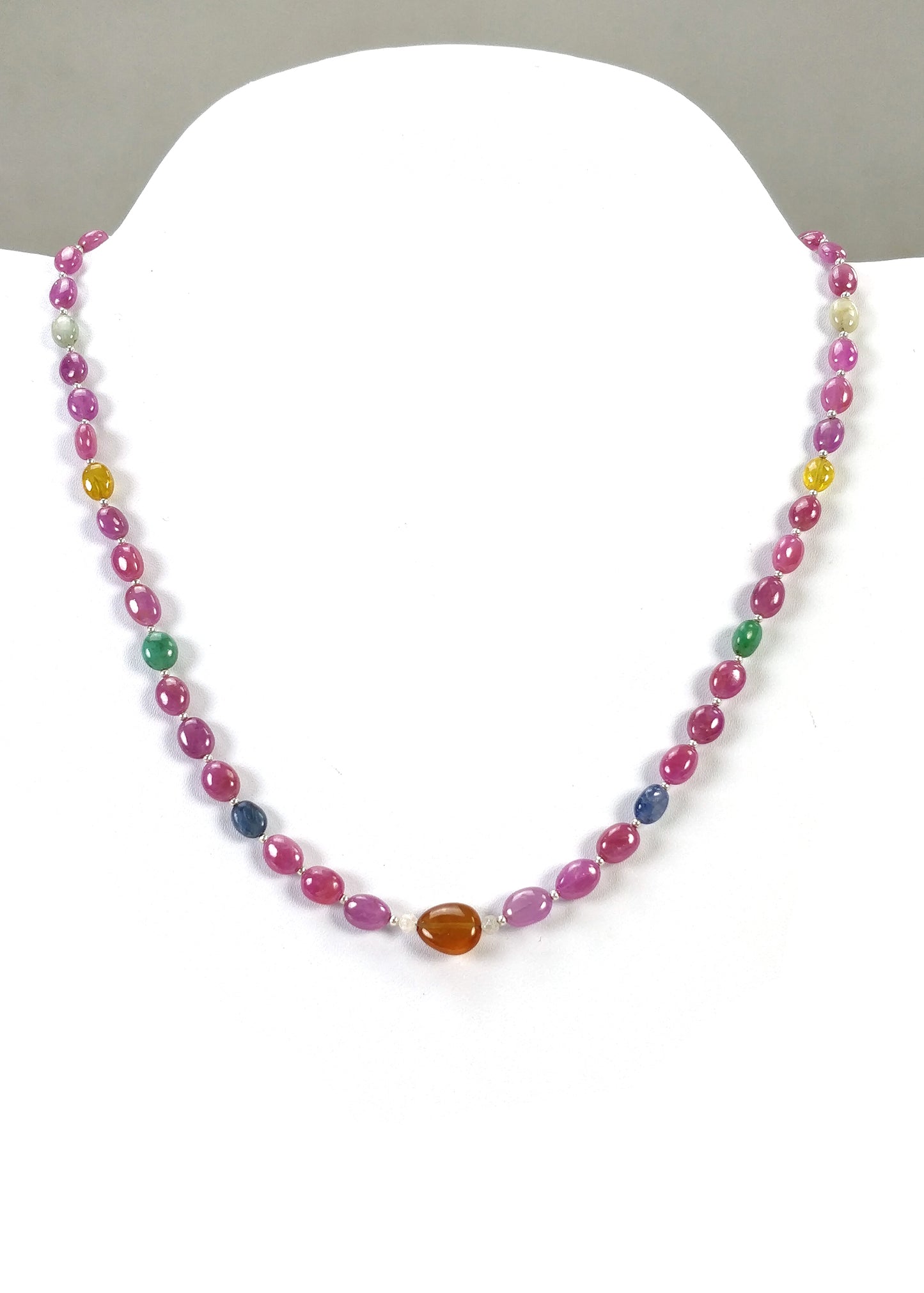 Multi Sapphire Hessonite Garnet Coral Diamond Emerald Cat's Eye Pearl Nav Ratan Necklace: 17.63gms Natural 6*5mm - 10*8.5mm 17"