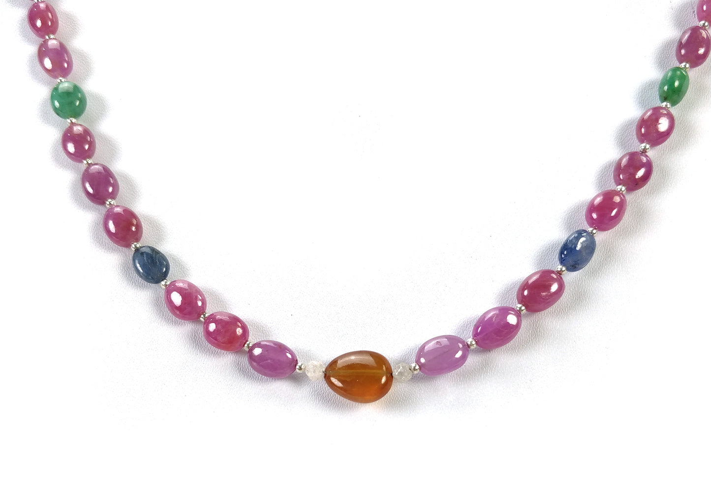 Multi Sapphire Hessonite Garnet Coral Diamond Emerald Cat's Eye Pearl Nav Ratan Necklace: 17.63gms Natural 6*5mm - 10*8.5mm 17"