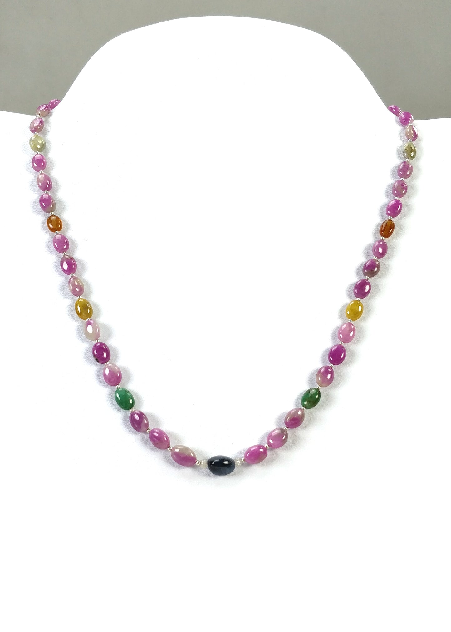 Multi Sapphire Hessonite Garnet Coral Diamond Emerald Cat's Eye Pearl Nav Ratan Necklace: 19.09gms Natural 9*7mm 18"