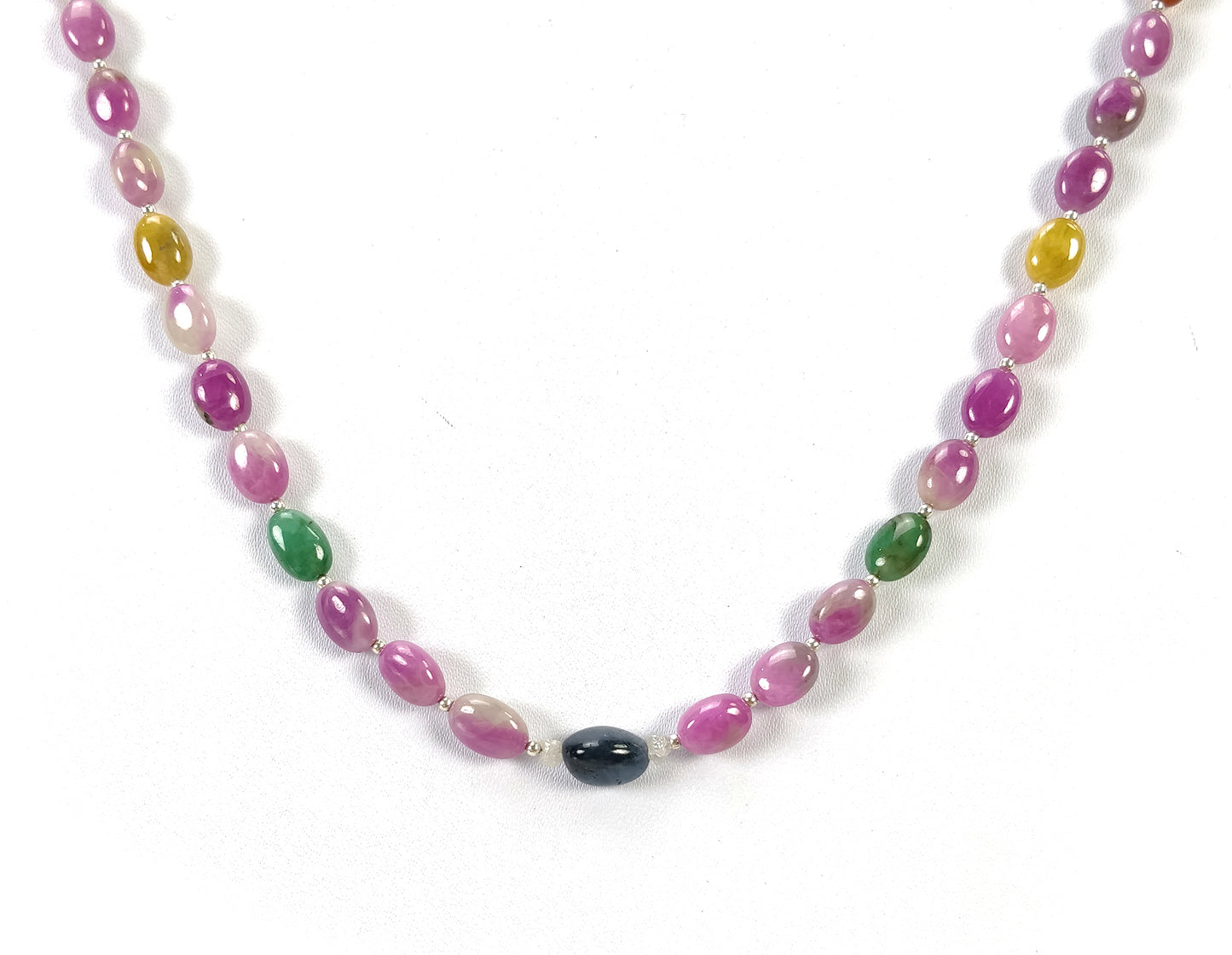 Multi Sapphire Hessonite Garnet Coral Diamond Emerald Cat's Eye Pearl Nav Ratan Necklace: 19.09gms Natural 9*7mm 18"