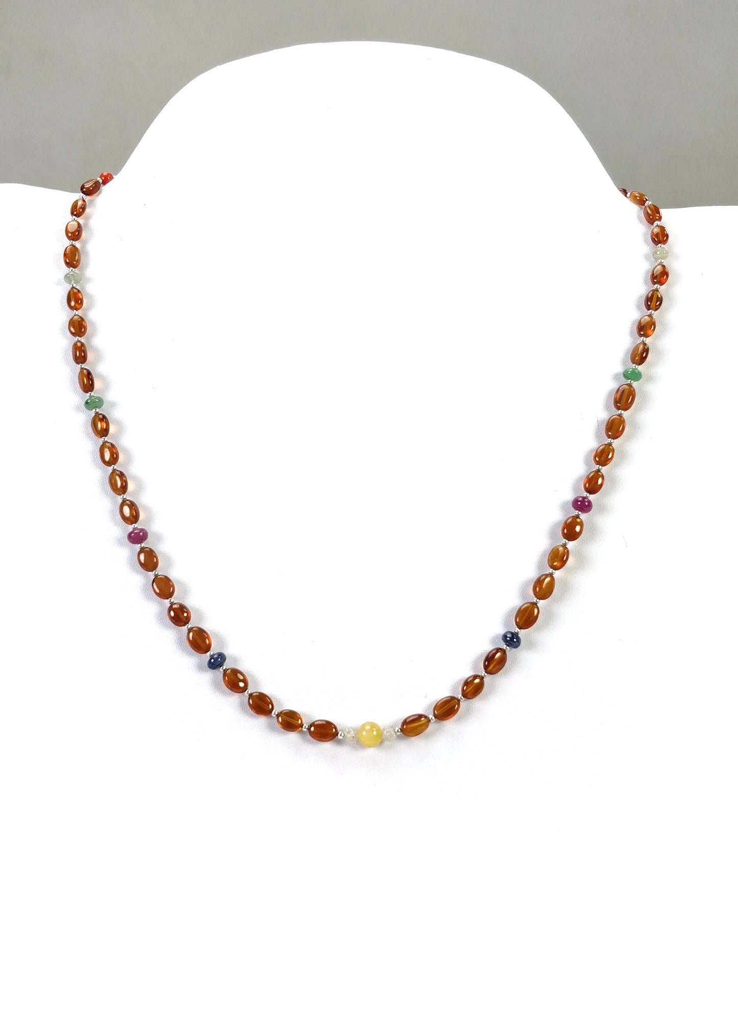 Hessonite Garnet Blue Sapphire Coral Diamond Emerald Cat's Eye Ruby Pearl Nav Ratan Necklace: 13.22gms Natural 5mm- 6.5*5mm 18"