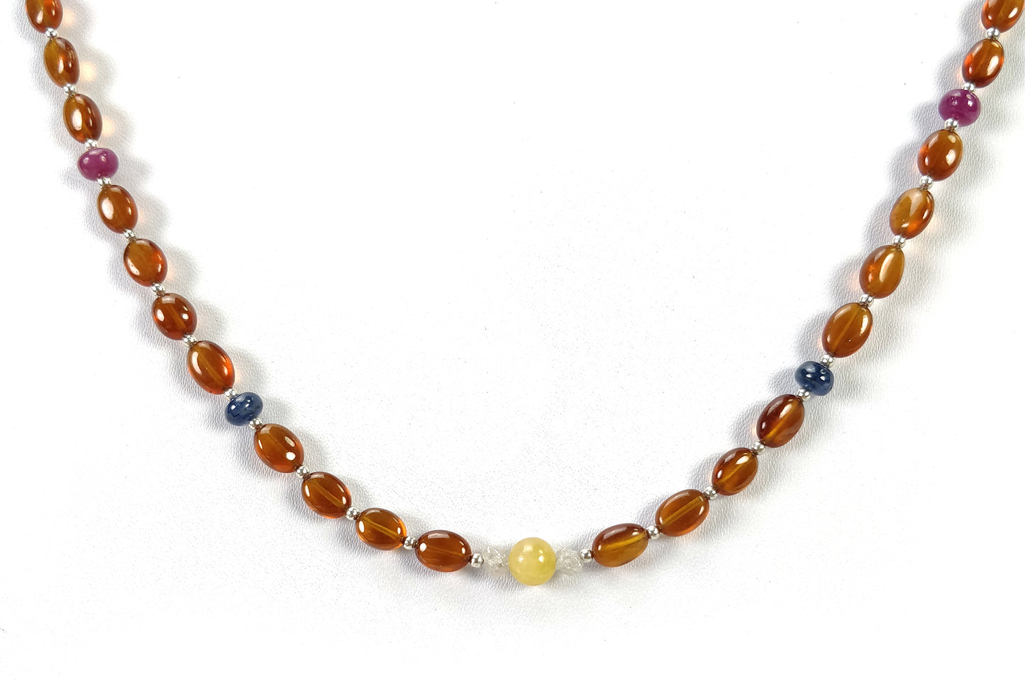 Hessonite Garnet Blue Sapphire Coral Diamond Emerald Cat's Eye Ruby Pearl Nav Ratan Necklace: 13.22gms Natural 5mm- 6.5*5mm 18"