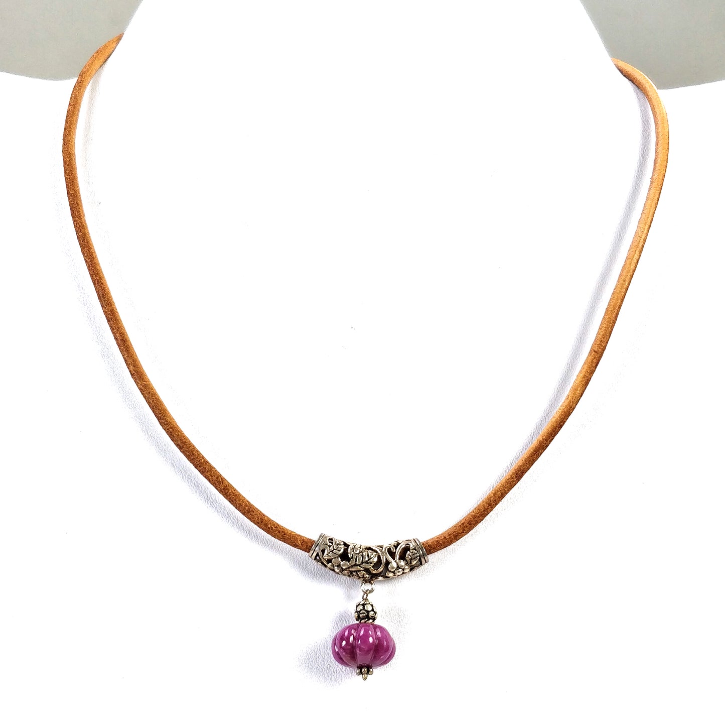 Natural Untreated RUBY Hand Carved Gemstone Pendant Snake Braided Leather Cord Necklace 18" Fine Jewelry With Filigree Setting Gift For Her