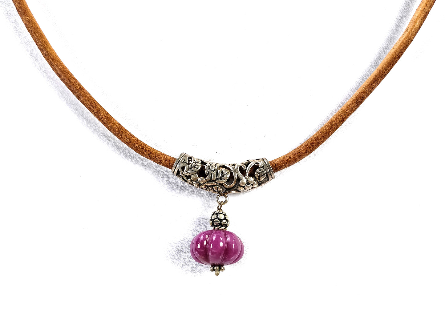 Natural Untreated RUBY Hand Carved Gemstone Pendant Snake Braided Leather Cord Necklace 18" Fine Jewelry With Filigree Setting Gift For Her