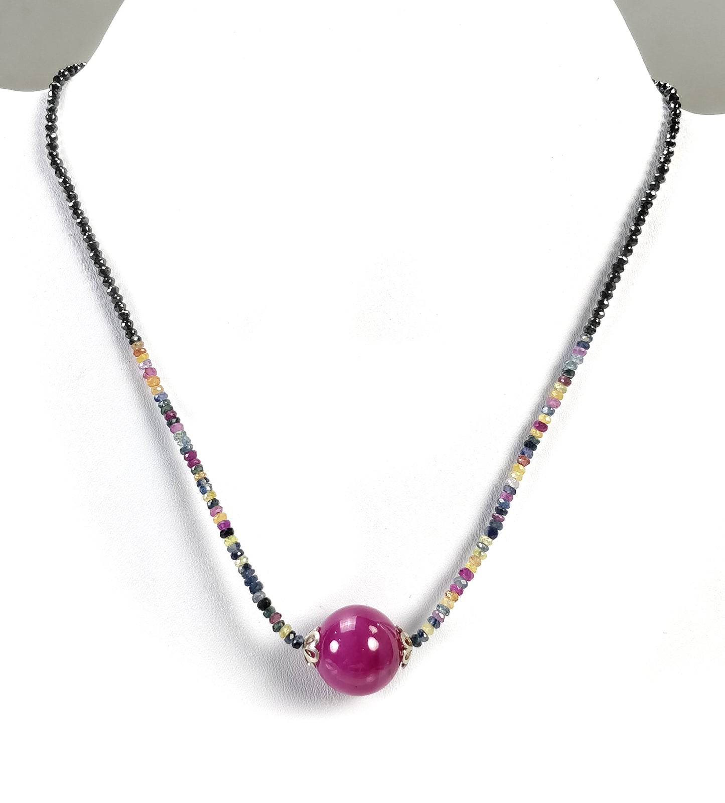 925 Sterling Silver Gemstone Beads Necklace : 17" Natural Multi Sapphire Ruby Ball Pendant Bead Chain Necklace Gift For Her