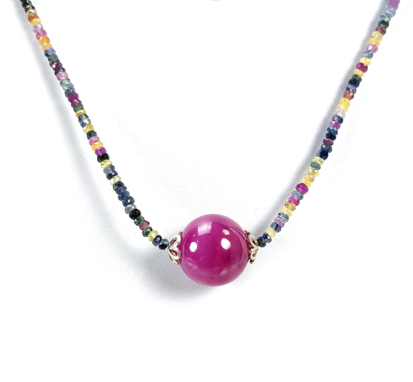 925 Sterling Silver Gemstone Beads Necklace : 17" Natural Multi Sapphire Ruby Ball Pendant Bead Chain Necklace Gift For Her