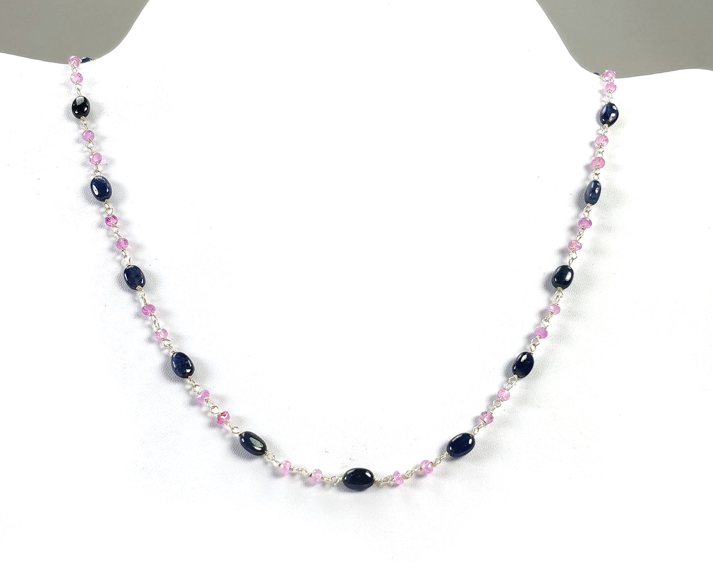 PINK BLUE SAPPHIRE Gemstones Beads Necklace : Natural Blue Sapphire Beads Sterling Silver Chain Necklace 17" Gift For Her