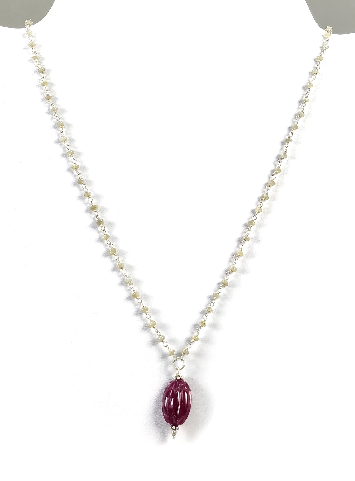 Pink RUBY And CAT'S EYE Gemstones Beads Chain Necklace: 925 Sterling Silver Natural Hand Carved Ruby 19" Statement Necklace