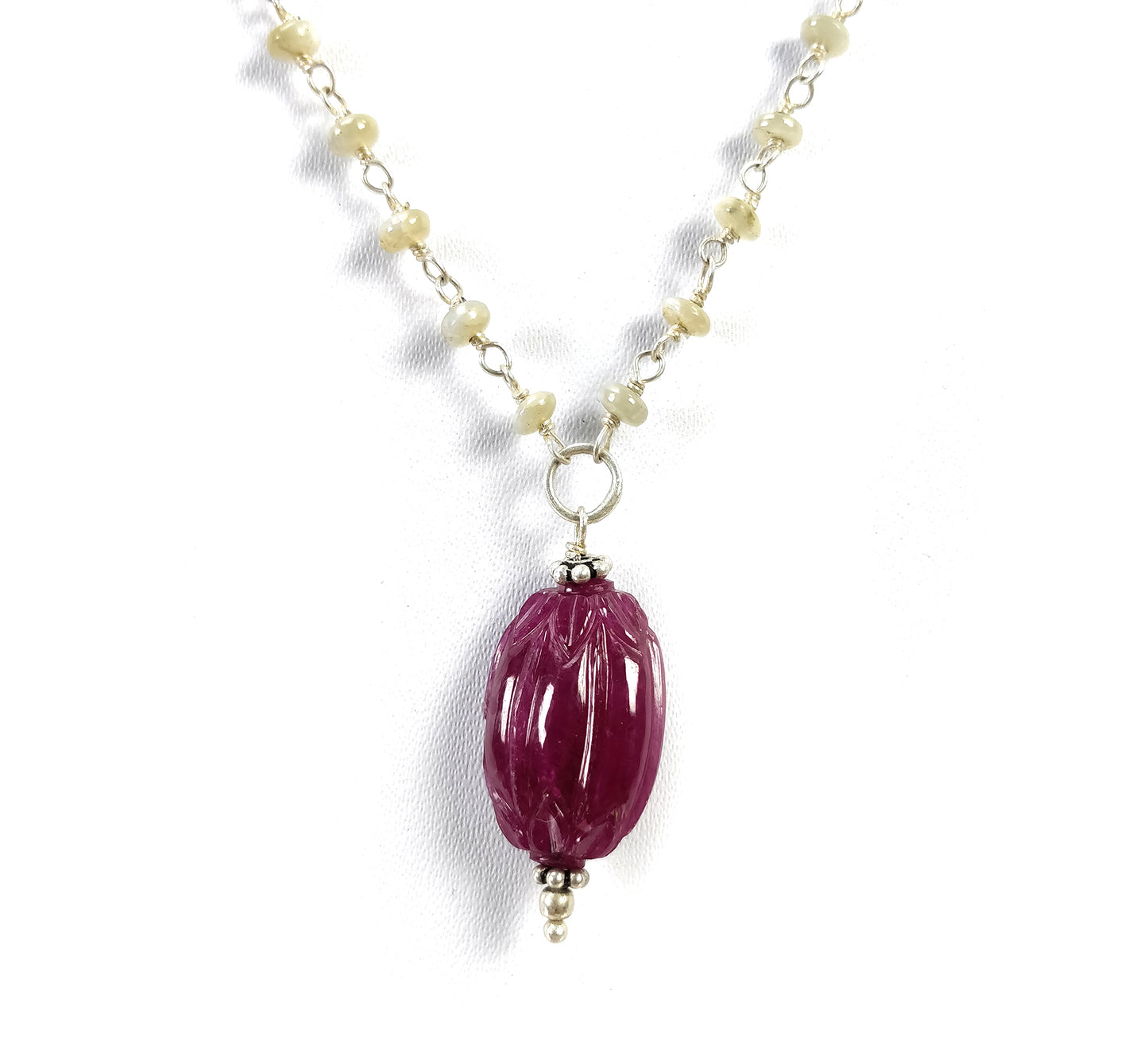 Pink RUBY And CAT'S EYE Gemstones Beads Chain Necklace: 925 Sterling Silver Natural Hand Carved Ruby 19" Statement Necklace