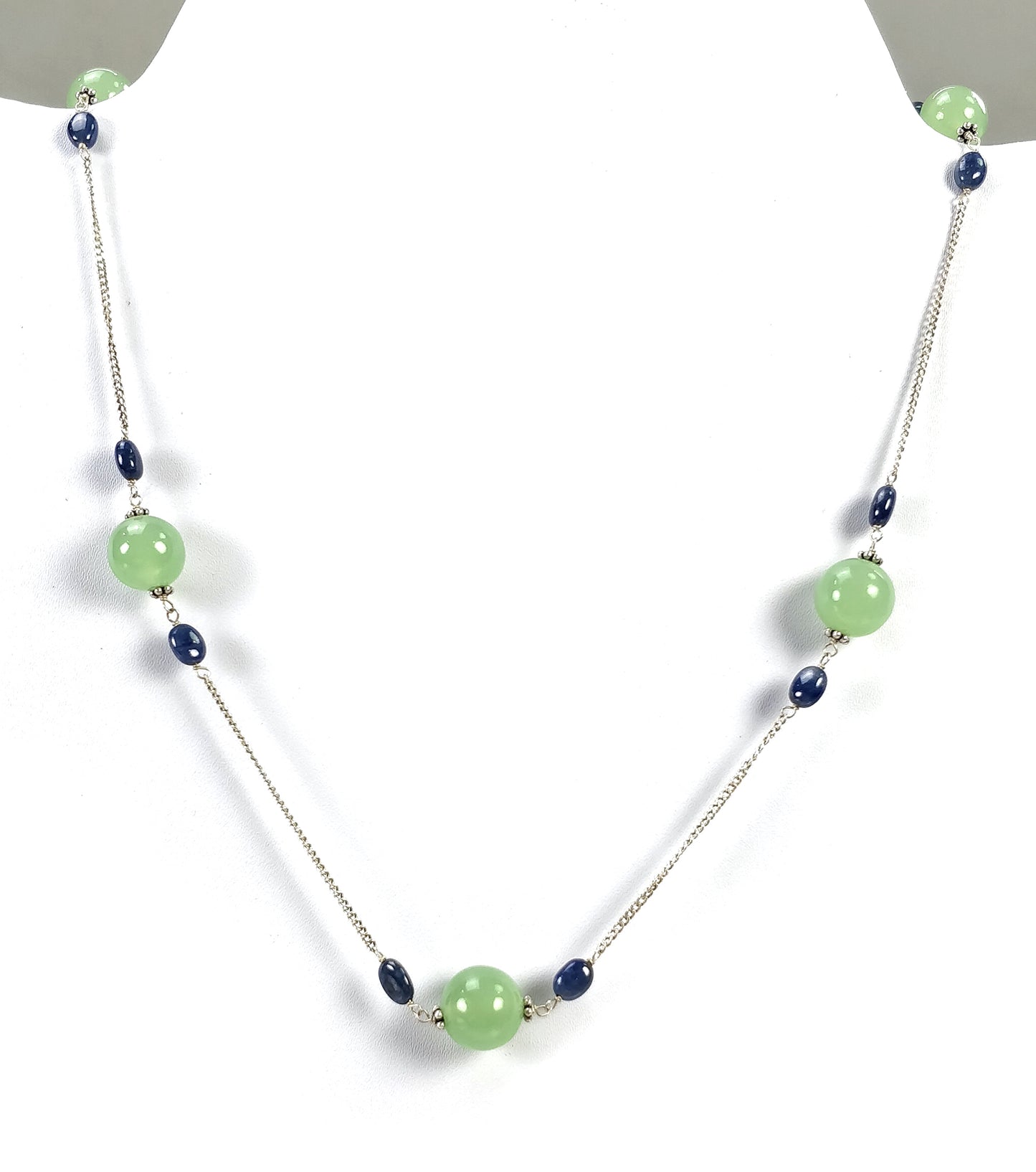 Green SERPENTINE & Blue SAPPHIRE Gemstones Beads Chain NECKLACE : 925 Sterling Silver Natural Round Cabochon 19" Statement Necklace