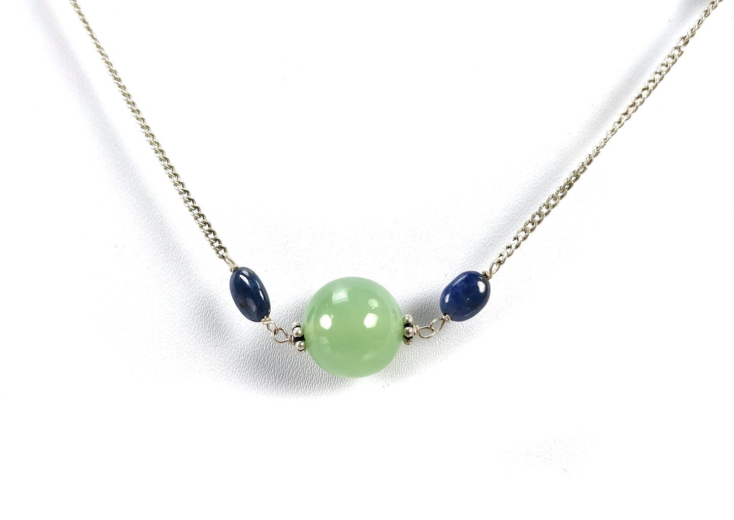 Green SERPENTINE & Blue SAPPHIRE Gemstones Beads Chain NECKLACE : 925 Sterling Silver Natural Round Cabochon 19" Statement Necklace