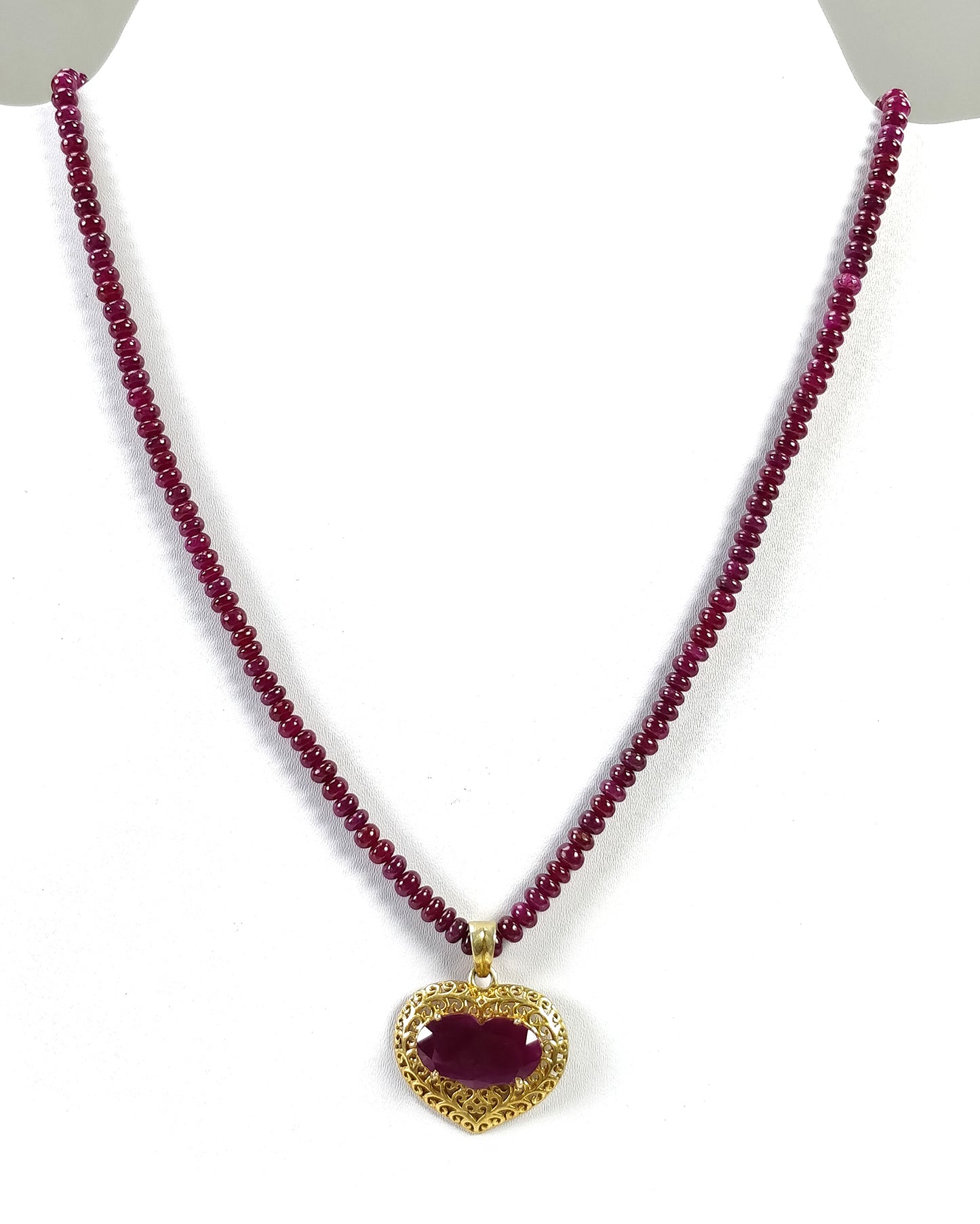 RUBY BEADS NECKLACE : 17" Genuine Natural Ruby Round Beads Necklace Heart Shape Pendant Prong Set 925 Sterling Silver Jewellery