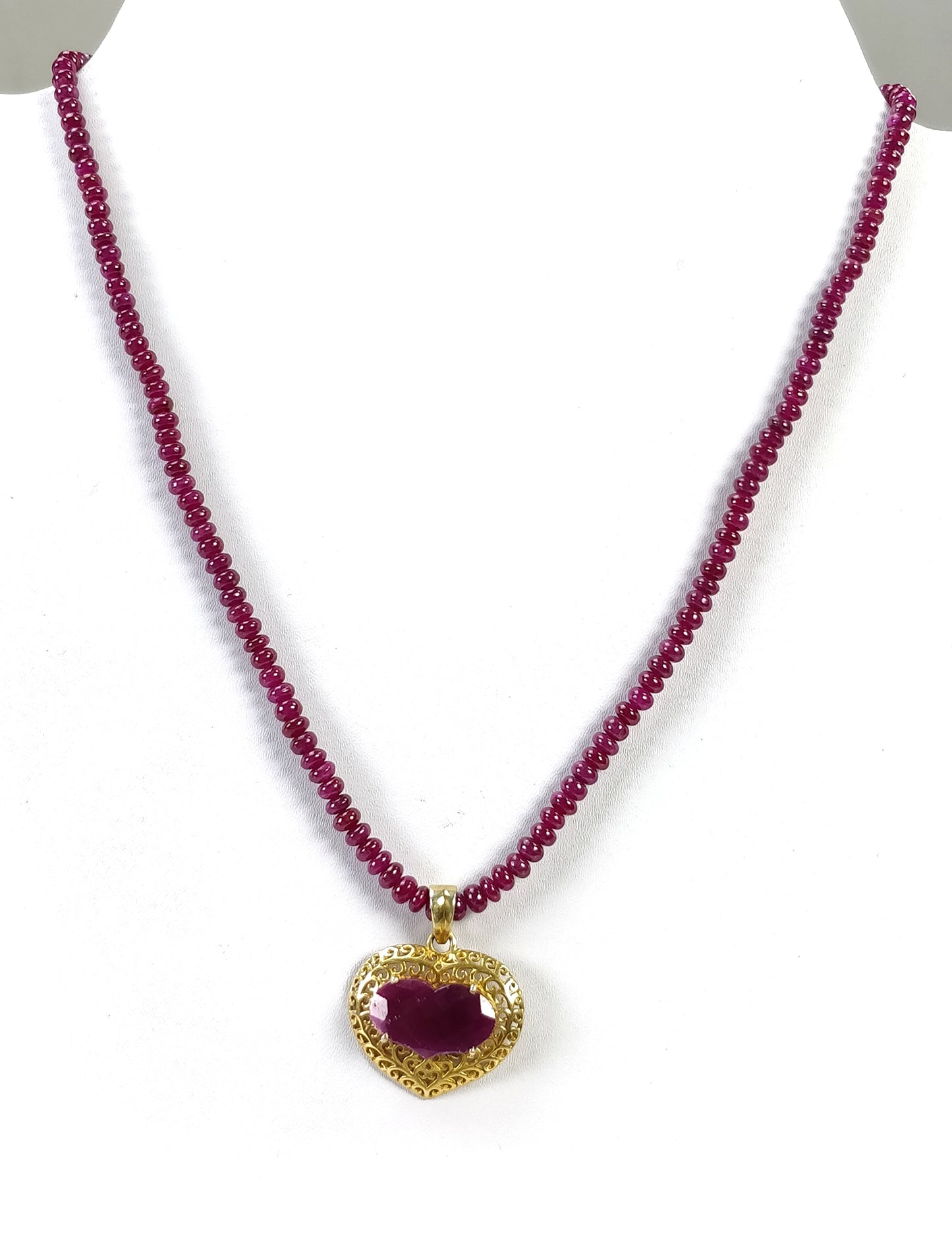 RUBY BEADS NECKLACE : 16" Genuine Natural Ruby Round Beads Necklace Heart Shape Pendant Prong Set 925 Sterling Silver Jewelry
