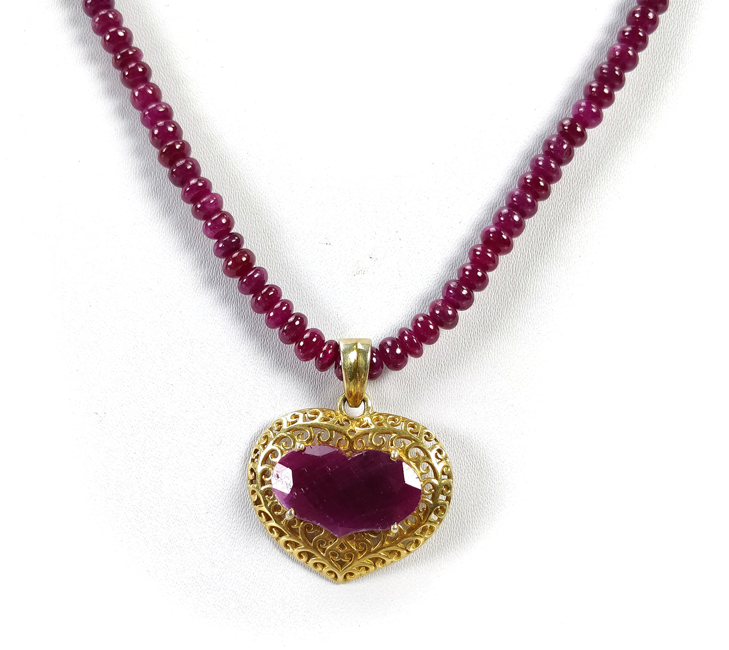 RUBY BEADS NECKLACE : 16" Genuine Natural Ruby Round Beads Necklace Heart Shape Pendant Prong Set 925 Sterling Silver Jewelry