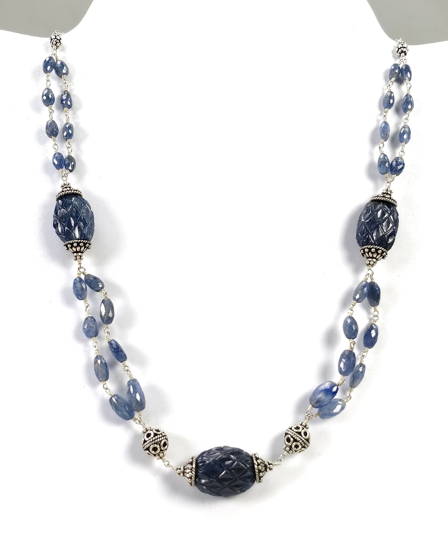 BLUE SAPPHIRE Gemstone Beads Chain Necklace : 925 Sterling Silver Natural Sapphire Hand Carved &Rose Cut Beads 22.5" Necklace