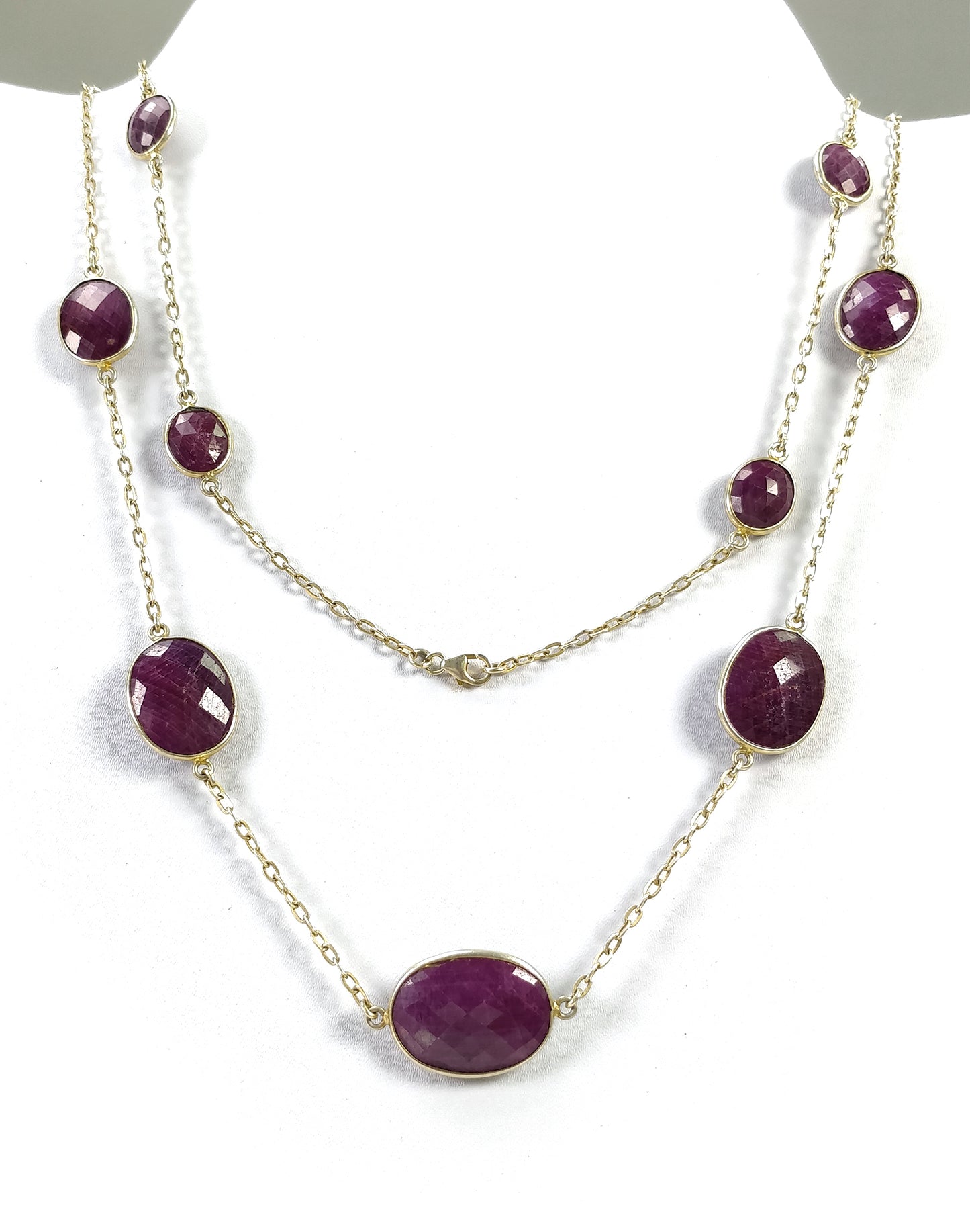 RUBY Gemstone CHAIN NECKLACE : 925 Sterling Silver Natural Ruby Oval Checker Cut Briolette Bezel Set Gold Plated 37'' Necklace