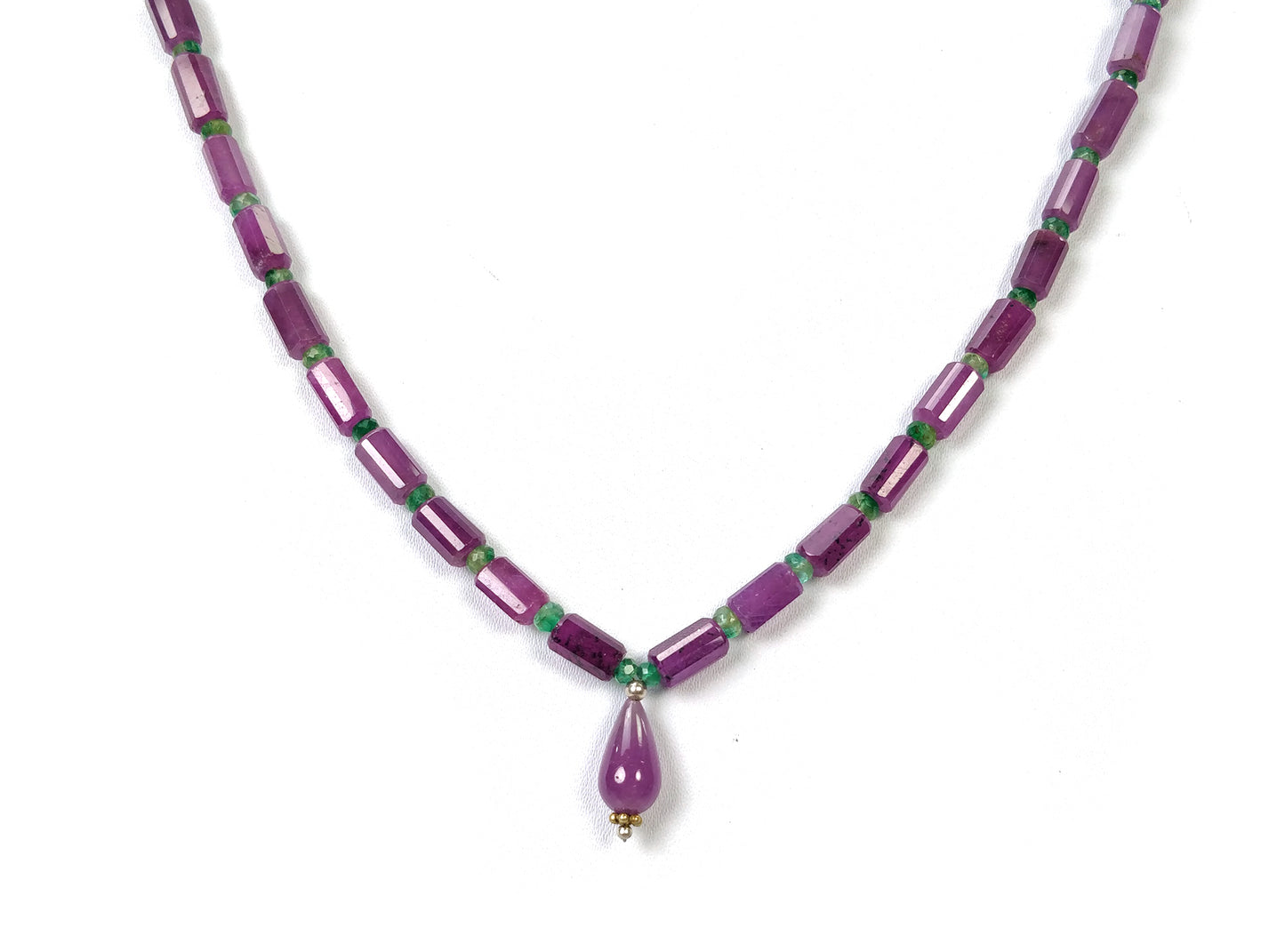Raspberry SAPPHIRE & Emerald Gemstone Fancy Cut NECKLACE : 24.80gms Natural Untreated Pencil Necklace 7*3.5mm - 9*4.45mm 18.5" (With Video)