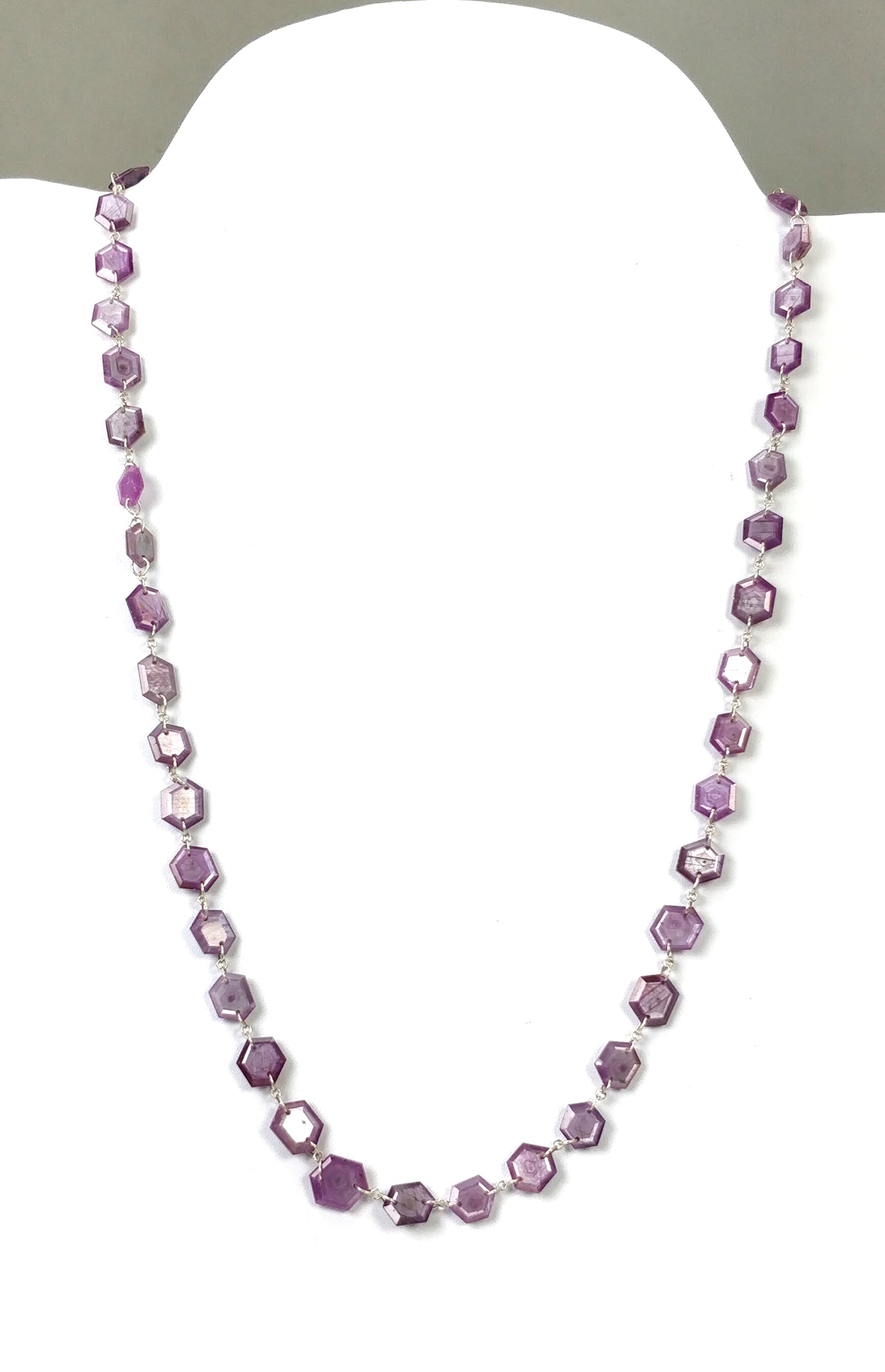 Raspberry Sheen SAPPHIRE Gemstone Normal Cut Necklace : 26.72gms Natural Sapphire Hexagon Faceted Necklace 6.5*8mm-11*10mm 23" (With Video)