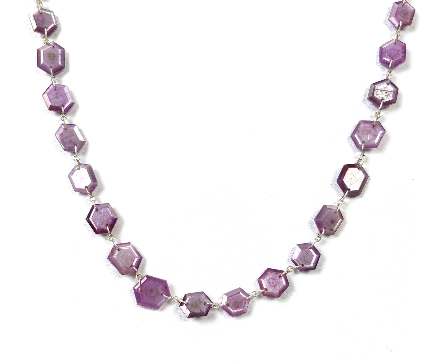 Raspberry Sheen SAPPHIRE Gemstone Normal Cut Necklace : 26.72gms Natural Sapphire Hexagon Faceted Necklace 6.5*8mm-11*10mm 23" (With Video)