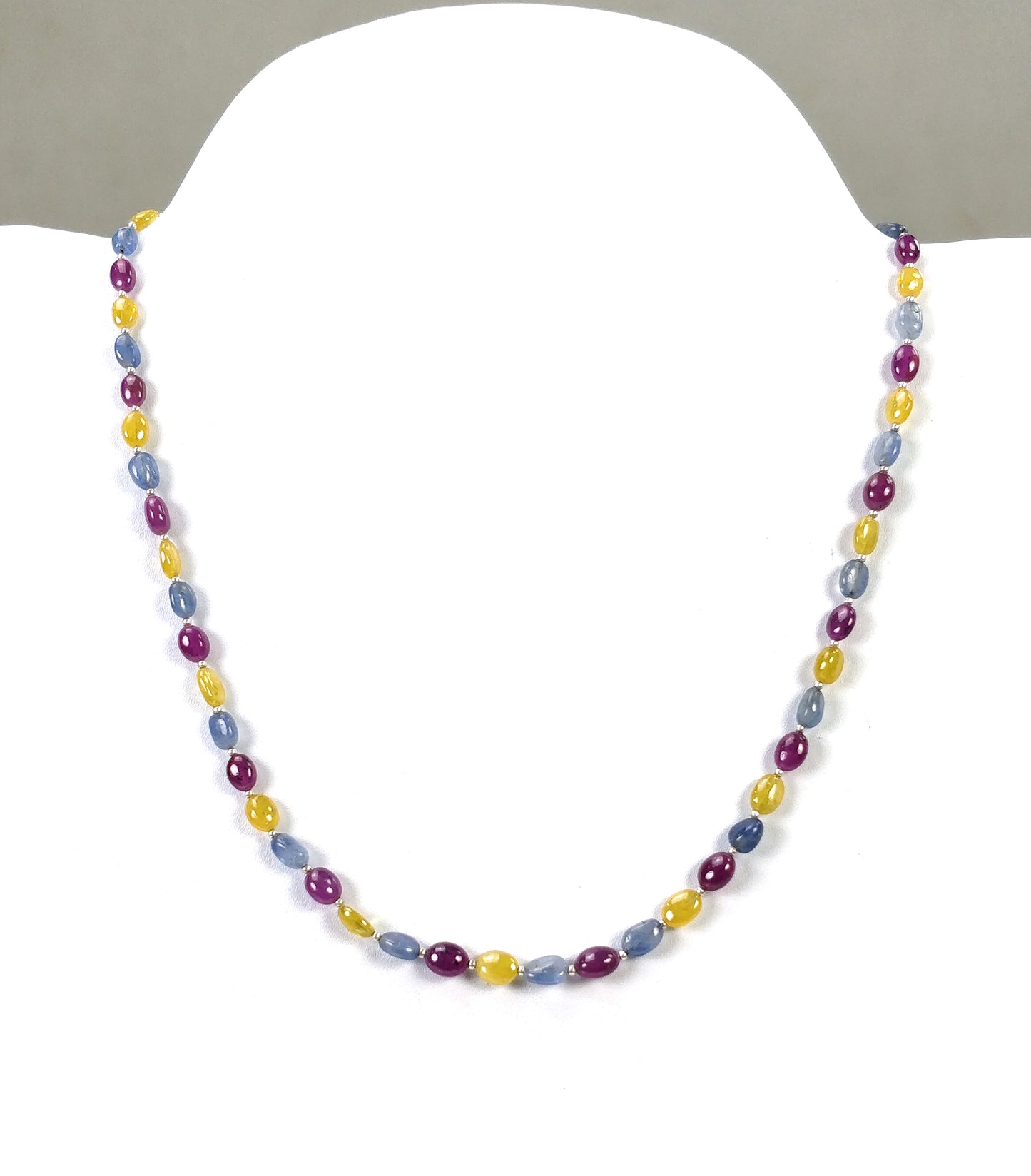 Yellow Blue SAPPHIRE & RUBY Gemstone NECKLACE : 17.71gms Natural Oval Plain Beads Sapphire With 925 Sterling Silver 5*4mm - 8*5mm 18"