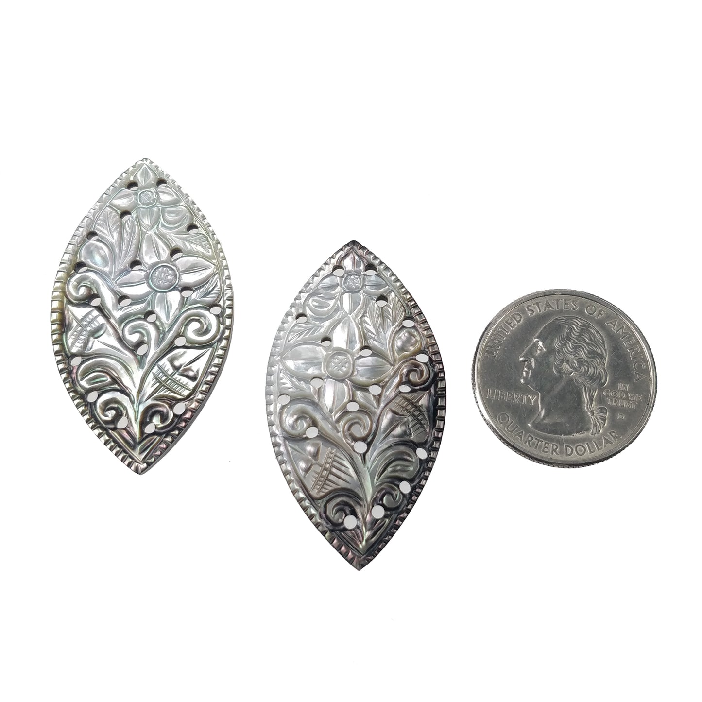 MOTHER OF PEARL Gemstone Carving : 50.20cts Natural Untreated Black Mop Hand Carved Marquise Shape 39*24mm Pairs