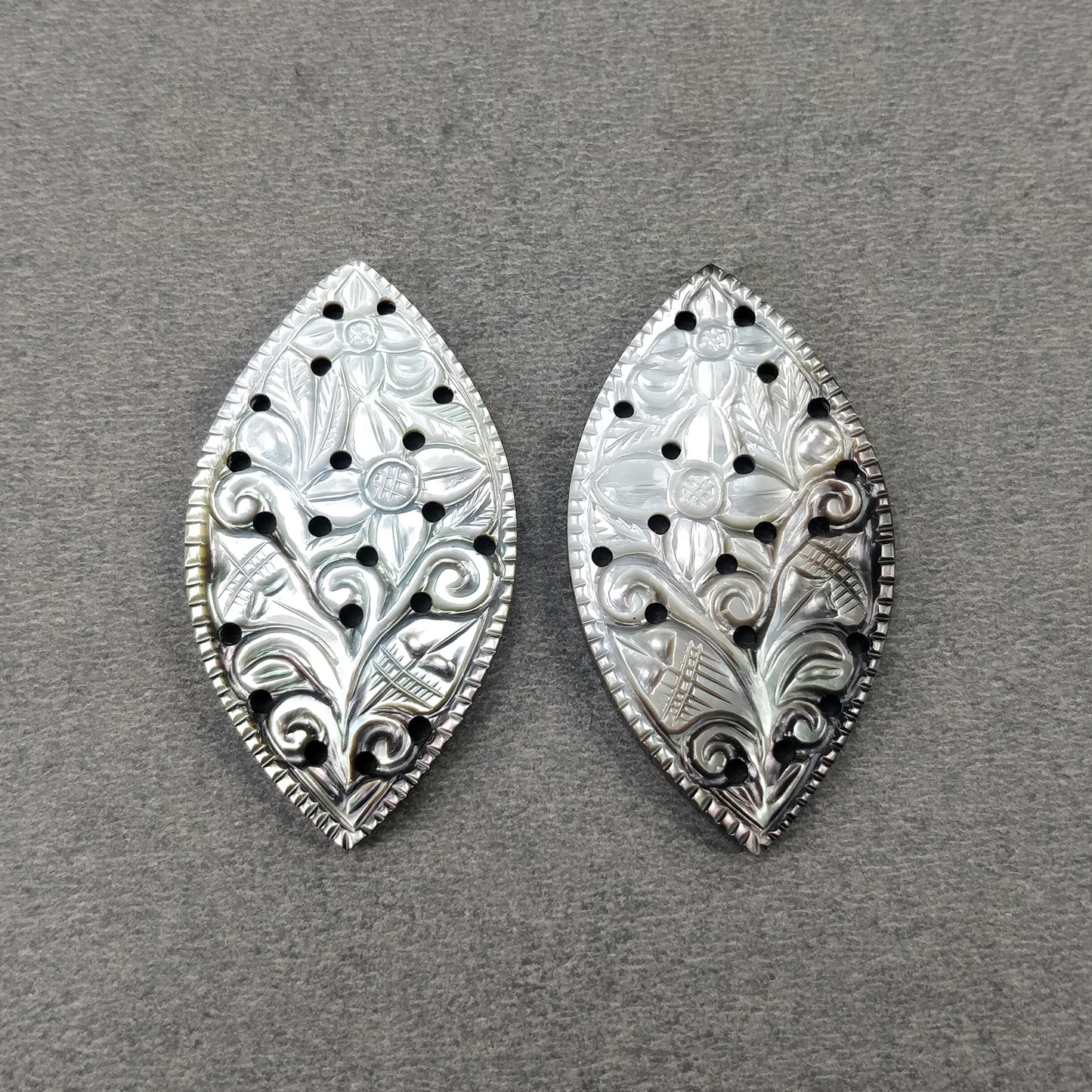MOTHER OF PEARL Gemstone Carving : 50.20cts Natural Untreated Black Mop Hand Carved Marquise Shape 39*24mm Pairs