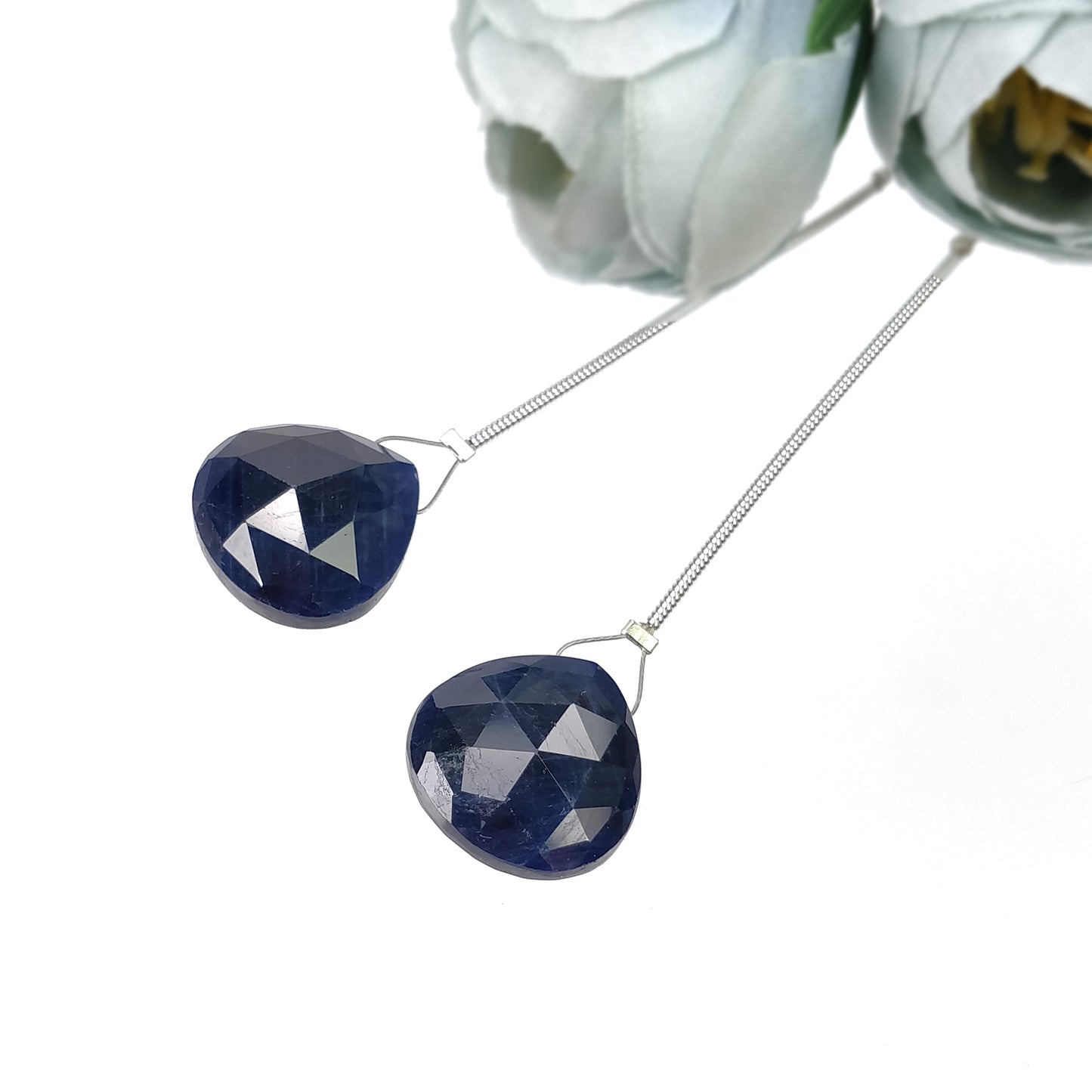 Sapphire Gemstone Rose Cut Loose Beads : 40.35cts Natural Untreated Blue Sapphire Faceted Heart Shape Beads 16mm 2pcs