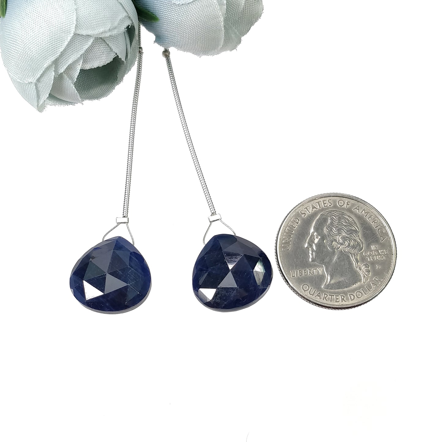 Sapphire Gemstone Rose Cut Loose Beads : 40.35cts Natural Untreated Blue Sapphire Faceted Heart Shape Beads 16mm 2pcs