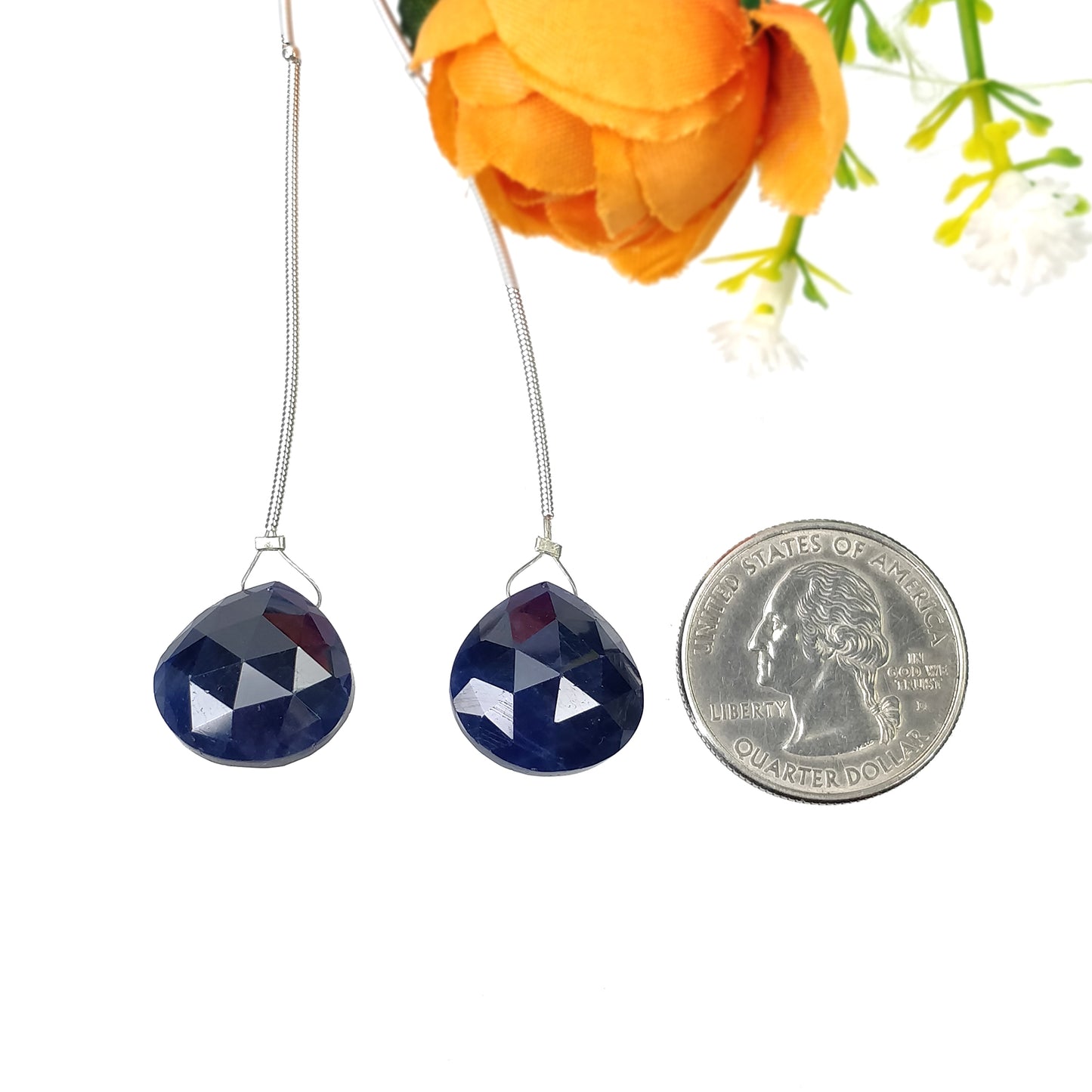 Sapphire Gemstone Rose Cut Loose Beads : 46.85cts Natural Untreated Blue Sapphire Faceted Heart Shape Beads 16.5mm 2pcs
