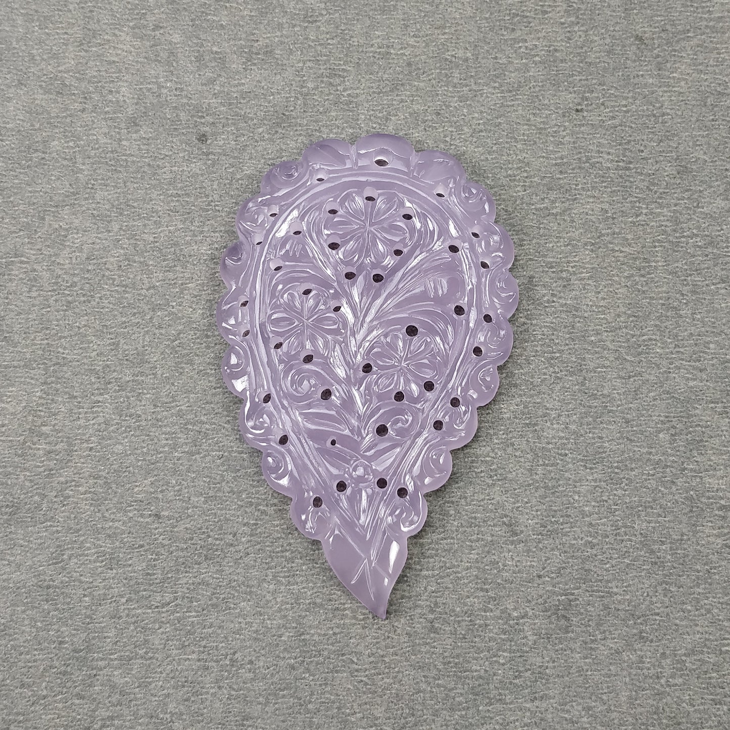 Chalcedony (See Video) Gemstone Carving : 56.10cts Natural Untreated Purple Chalcedony One Side Hand Carved Indian Leaf 57.5*35.5mm