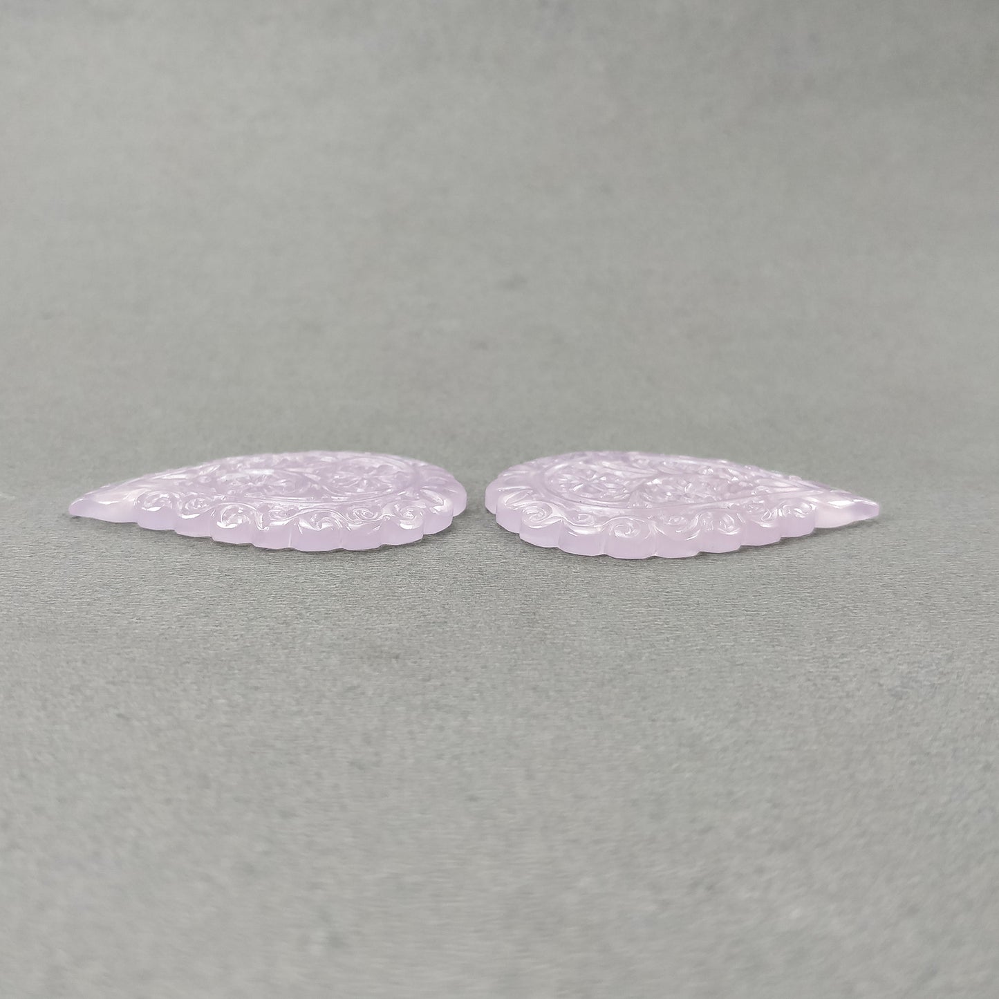 Chalcedony Gemstone Carving: 79.35ct Natural Untreated Pink Chalcedony One Side Hand Carved Indian Leaf 46*30.5mm- 46.5*31mm 2pc